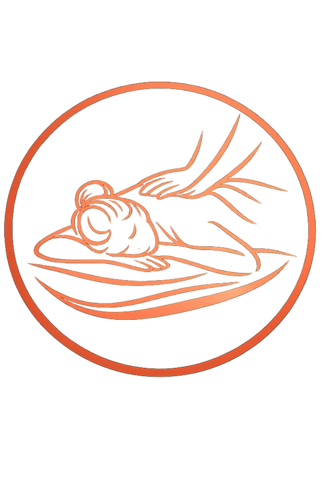 A red and brown logo of a stylized swimmer in a circular frame.