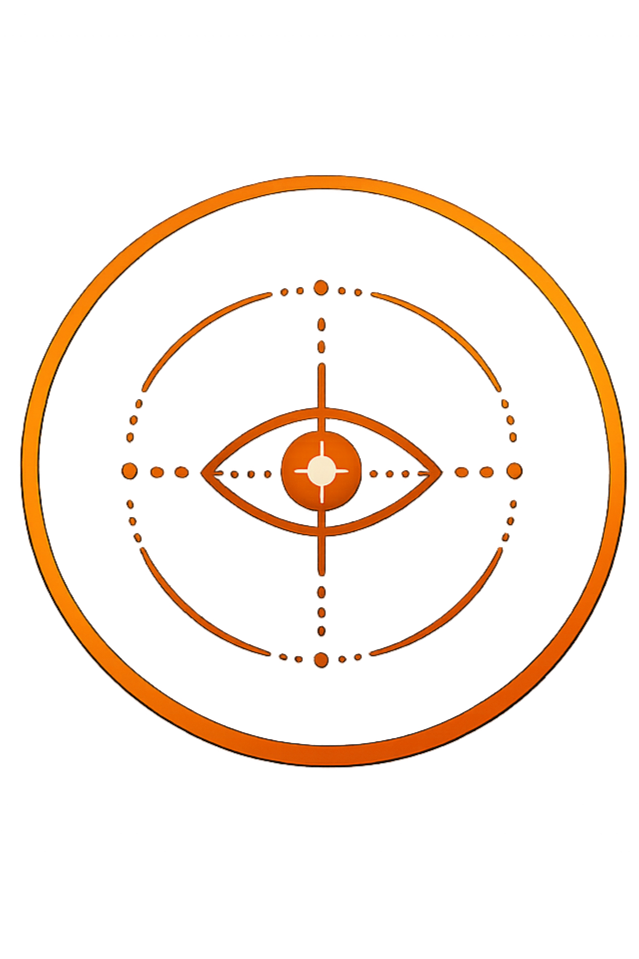 A target with a crosshair in the center, surrounded by concentric circles and geometric designs, primarily in red and orange colors.