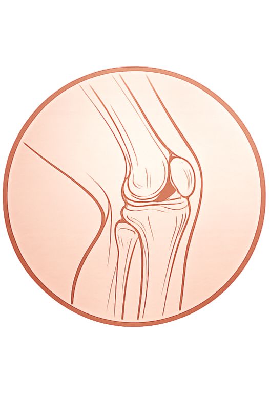 An illustration of a human knee joint, showing bones, cartilage, and surrounding structures in a cross-sectional view.