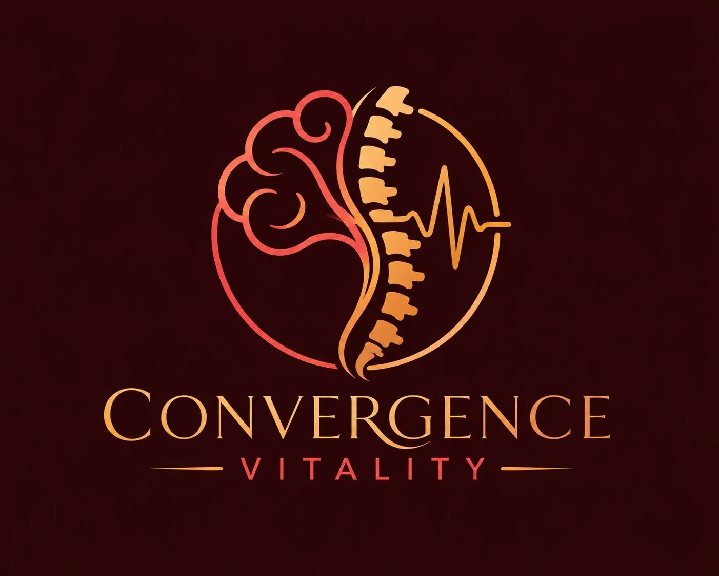 Logo featuring a stylized brain on the left and a spinal column and heartbeat line on the right, with the words "Convergence Vitality" below.