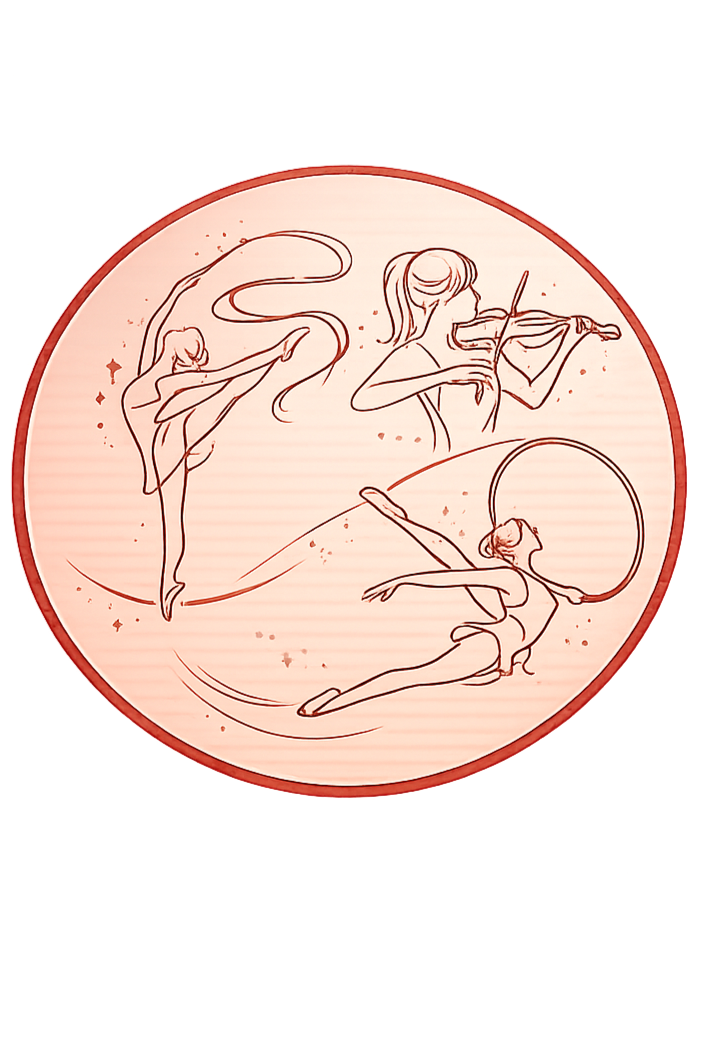 Line drawing of three female ballet dancers performing different dance poses inside a circular frame.