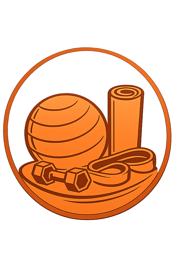 Illustration of a fitness or exercise theme with a medicine ball, a rolled yoga mat, a jump rope, and a dumbbell, all inside a circular border.