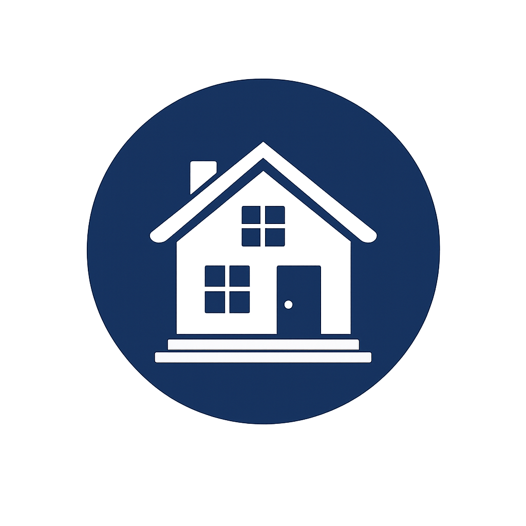 Icon of a house with a pitched roof, front door, and four windows, inside a dark blue circle.