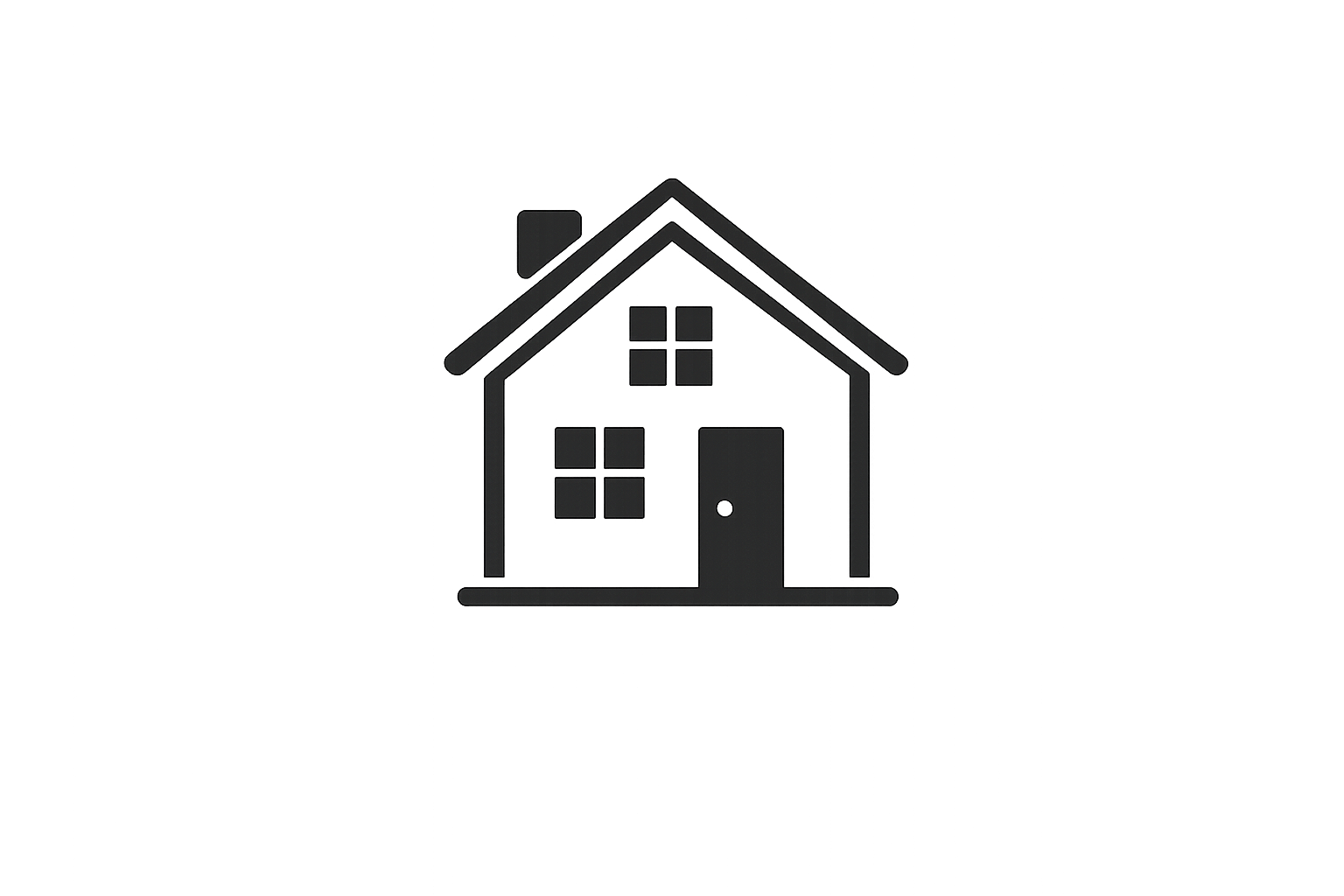 Simple black and white icon of a house with a chimney, a door, and four windows