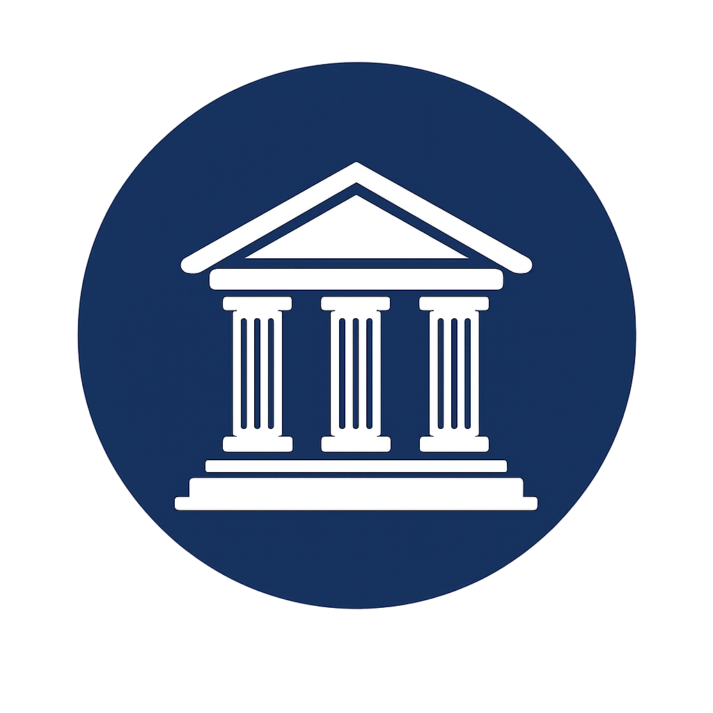 Icon of a government or judicial building with columns and a triangular pediment on a dark blue circular background.