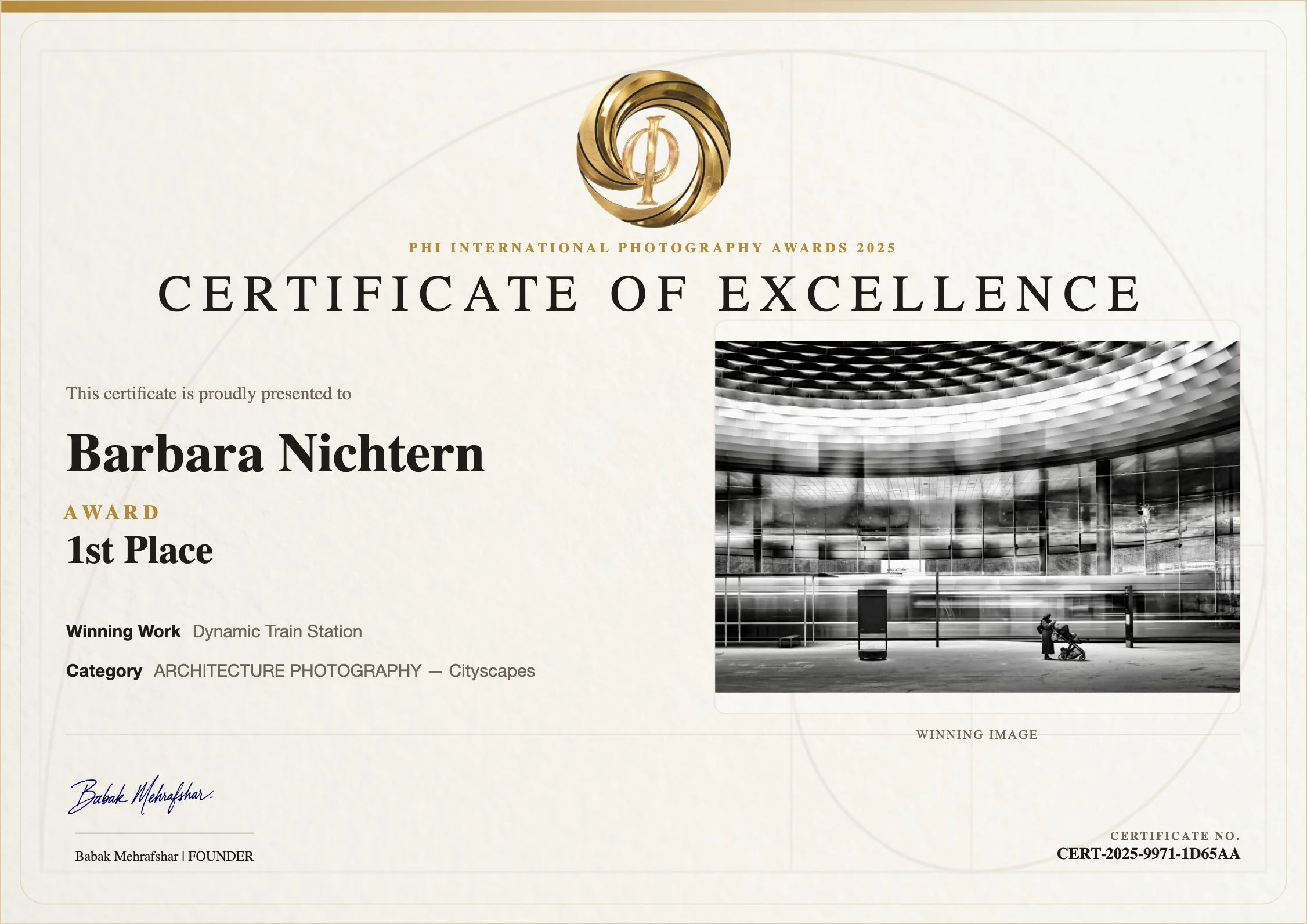 Certificate of Excellence awarded to Barbara Nichtern at the Phi International Photography Awards 2025, displayed alongside a black-and-white photograph of a modern train station with a curved roof, large glass windows, and an individual with a bicyc