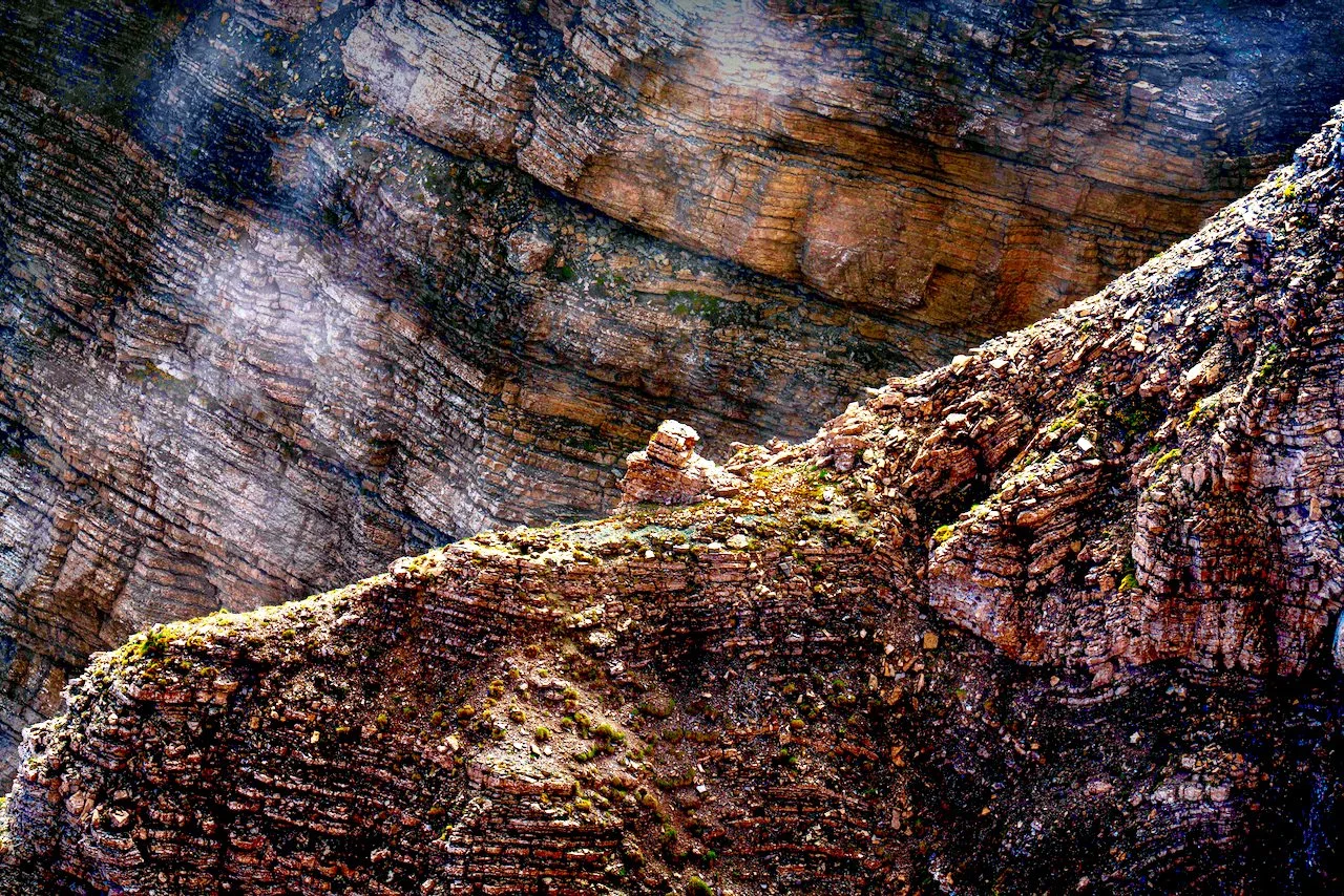 Close-up of a rocky, sedimentary canyon wall with visible layers and patches of moss.