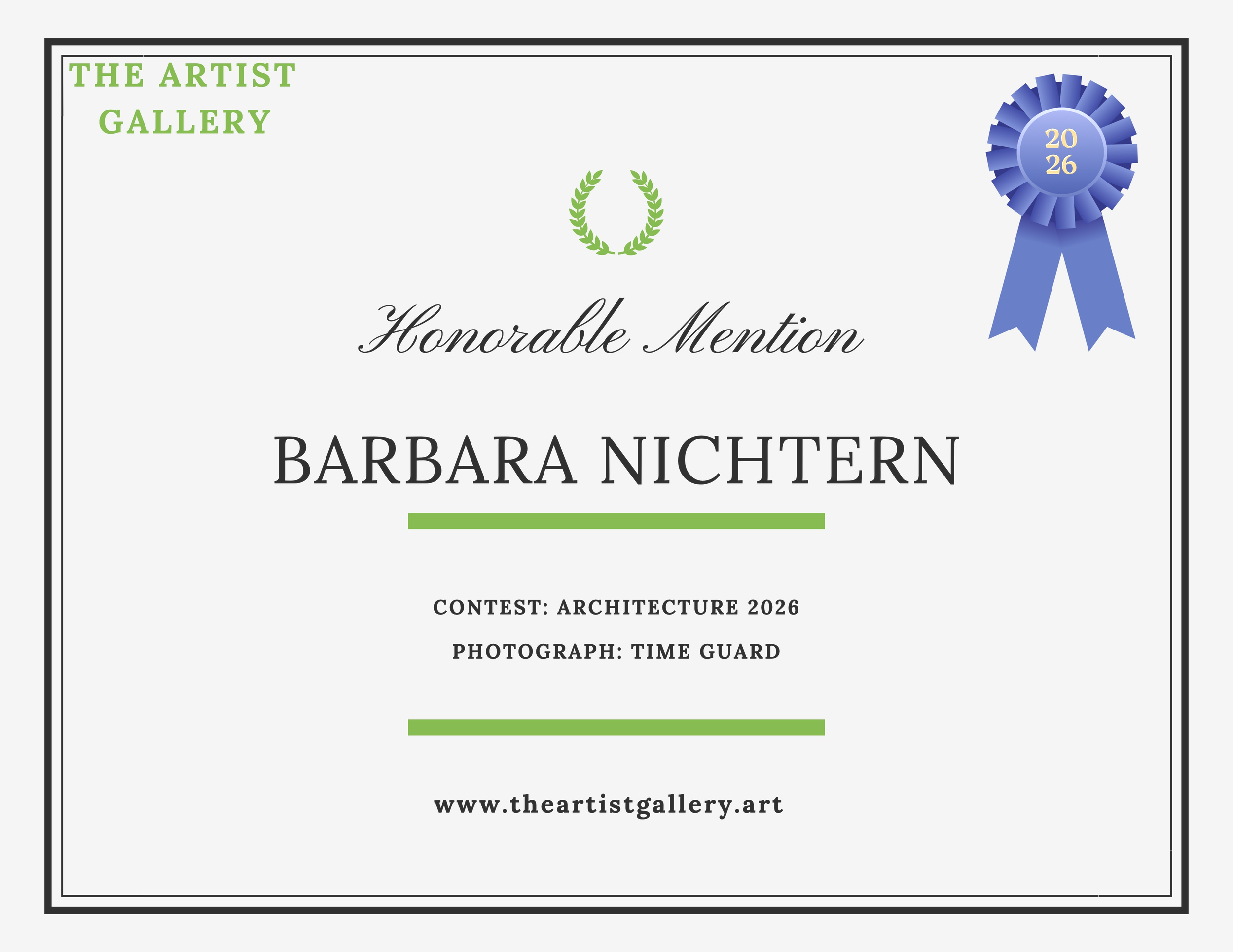 Certificate of Honorable Mention awarded to Barbara Nichting by The Artist Gallery for Architecture 2026 contest, with a blue ribbon and green laurel wreath design.