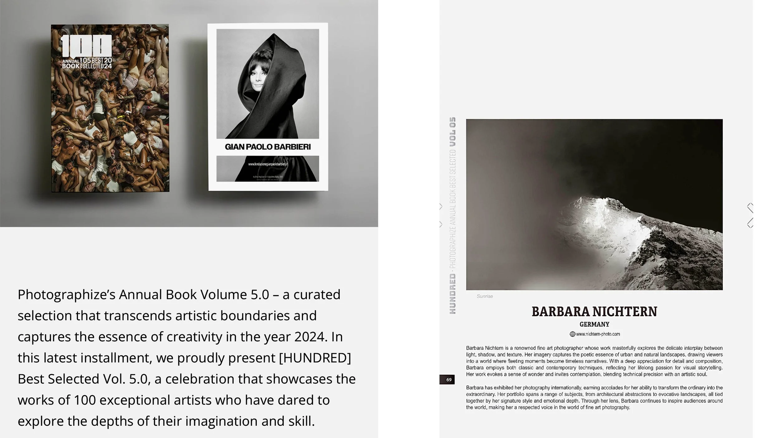 Photograph of the cover of Photographie's Annual Book Volume 5.0, featuring a collage of intertwined bodies on the left and a black and white portrait of a woman in a hooded garment on the right, with a landscape photograph of a mountain with snow an