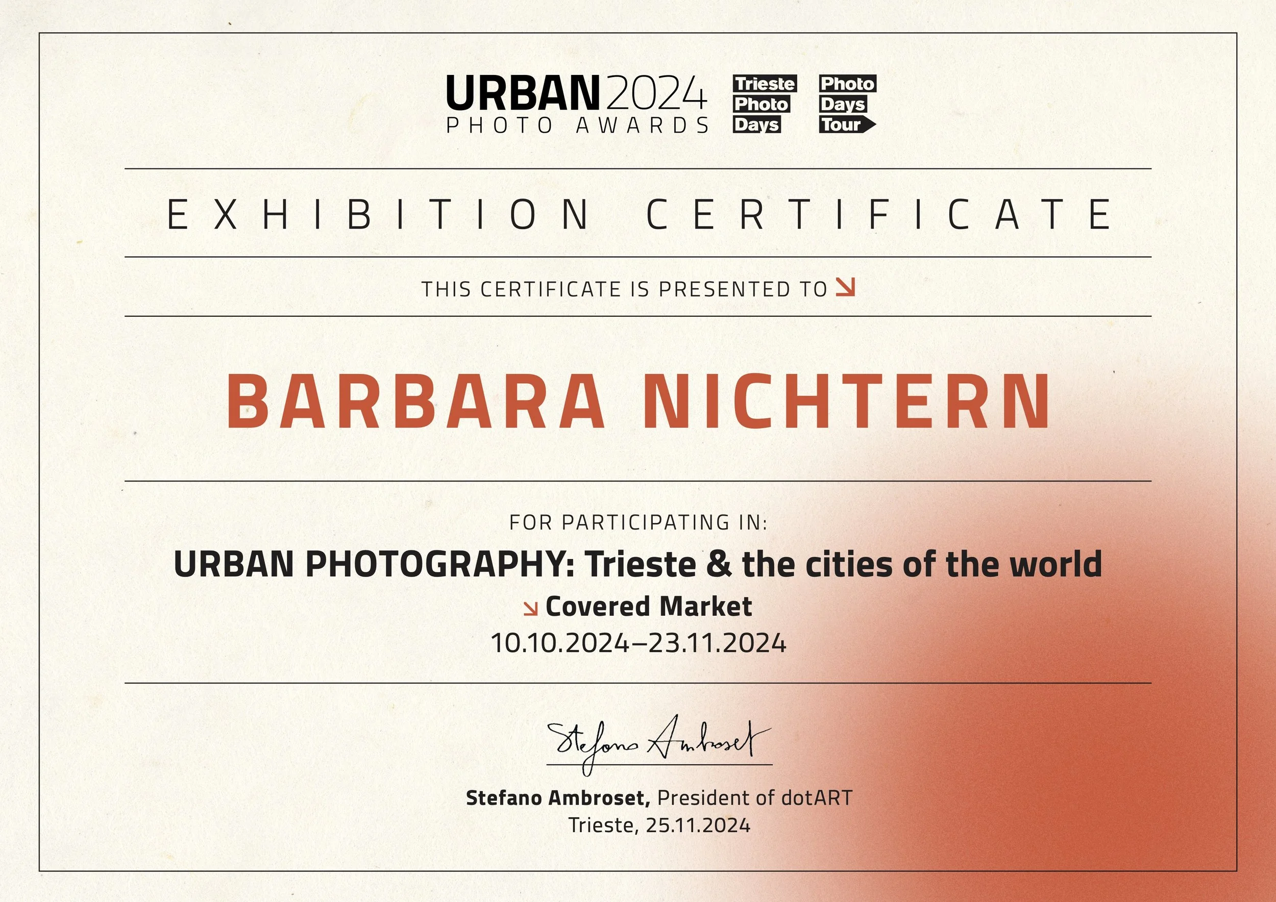 Exhibition certificate for the URBAN 2024 Photo Awards, awarded to Barbara Nictern for participation in urban photography event in Trieste, Italy, from October 10 to November 23, 2024, signed by Stefano Ambroset.