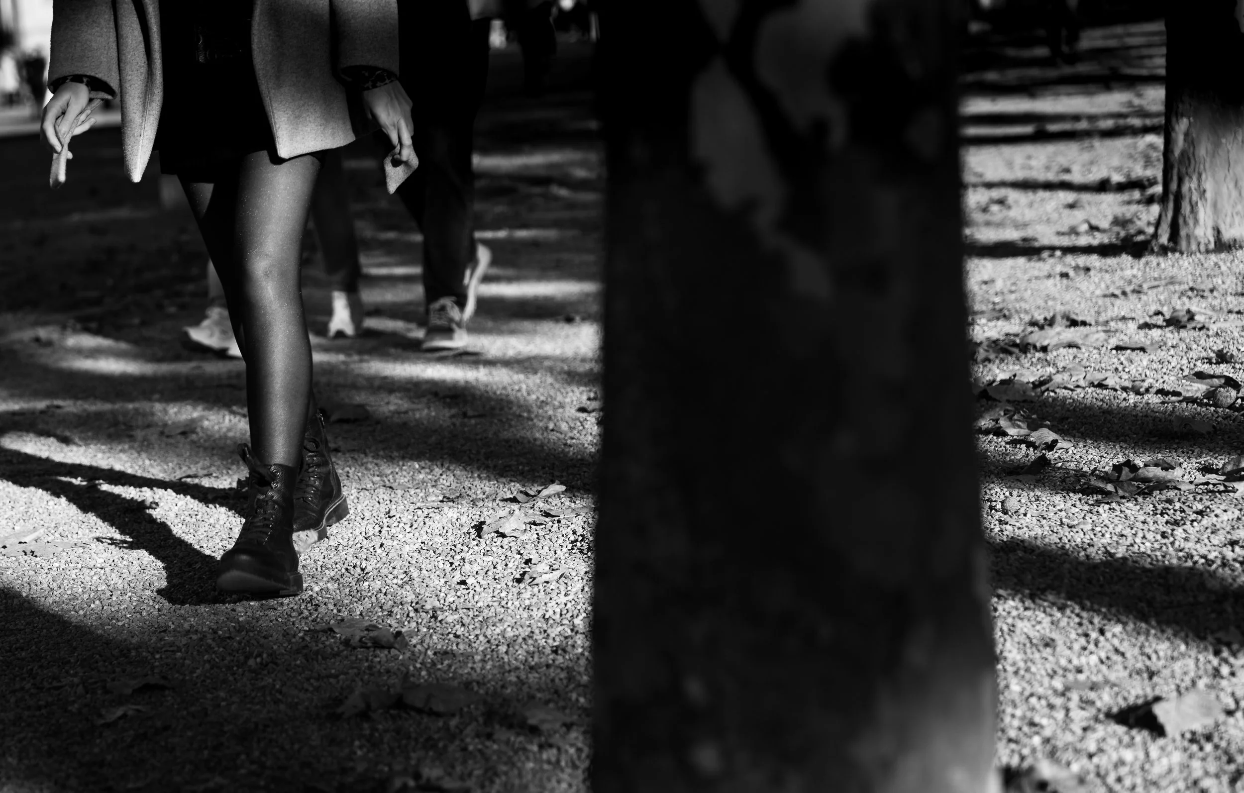 Black and white photo of people walking on a gravel path, with one person's legs and feet visible, wearing black shoes, and a coat. Trees and leaves are on the ground, with sunlight creating shadows.