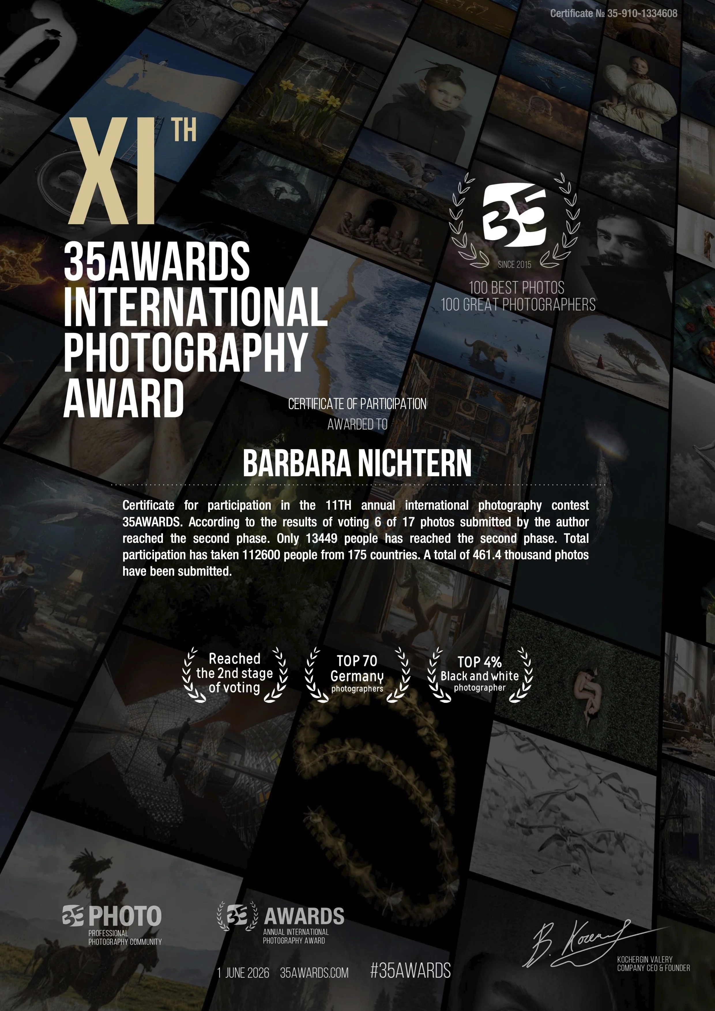 Collage of various photographs with text overlay announcing the 11th annual international photography award called 35Awards, awarded to Barbara Nichtern, with details about the voting process, and celebrating the top photographers and categories, alo