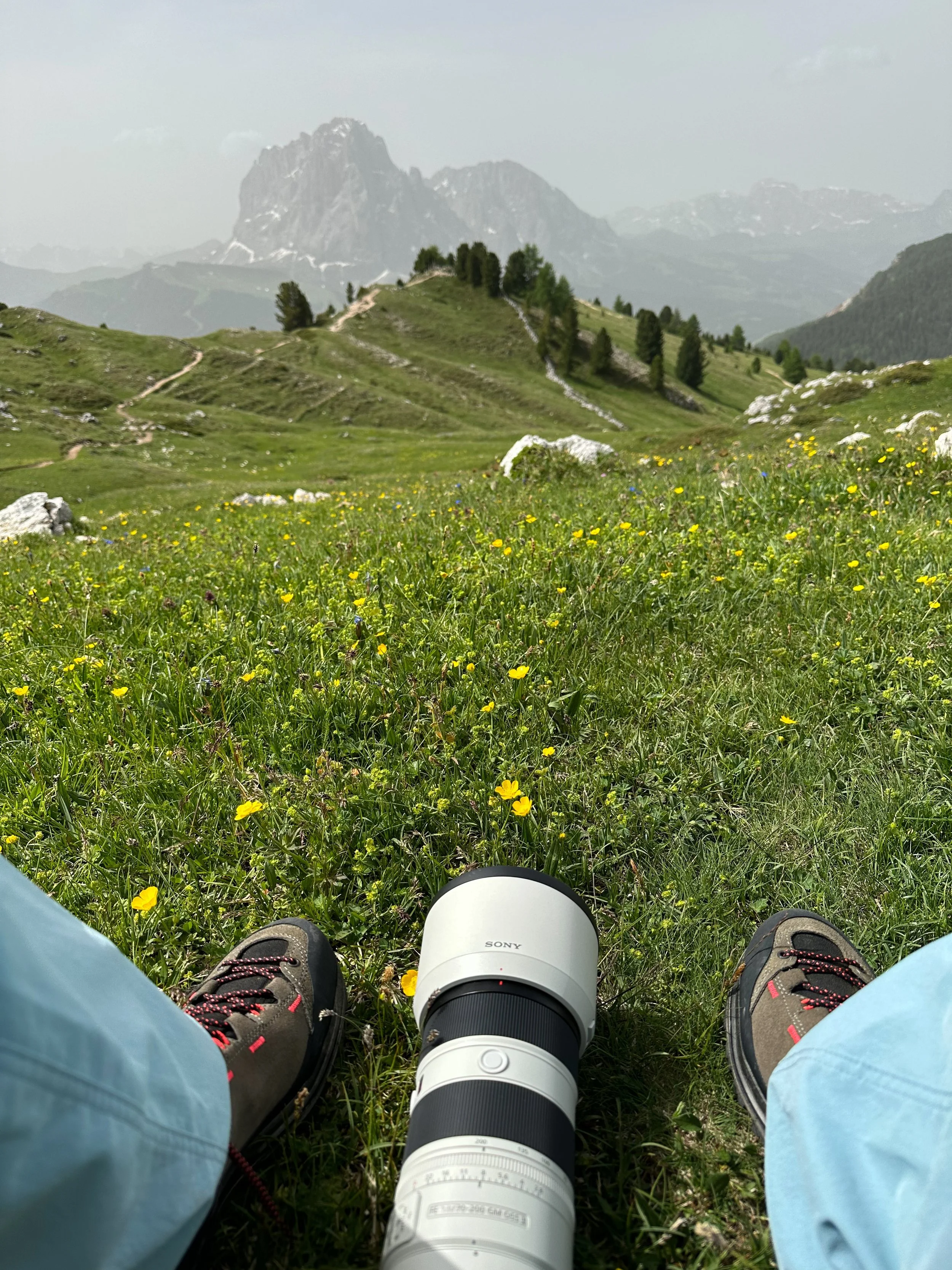 Person sitting on grassy field with yellow flowers, wearing blue jeans and black hiking shoes, holding a Sony camera lens, with a mountain landscape in the background.