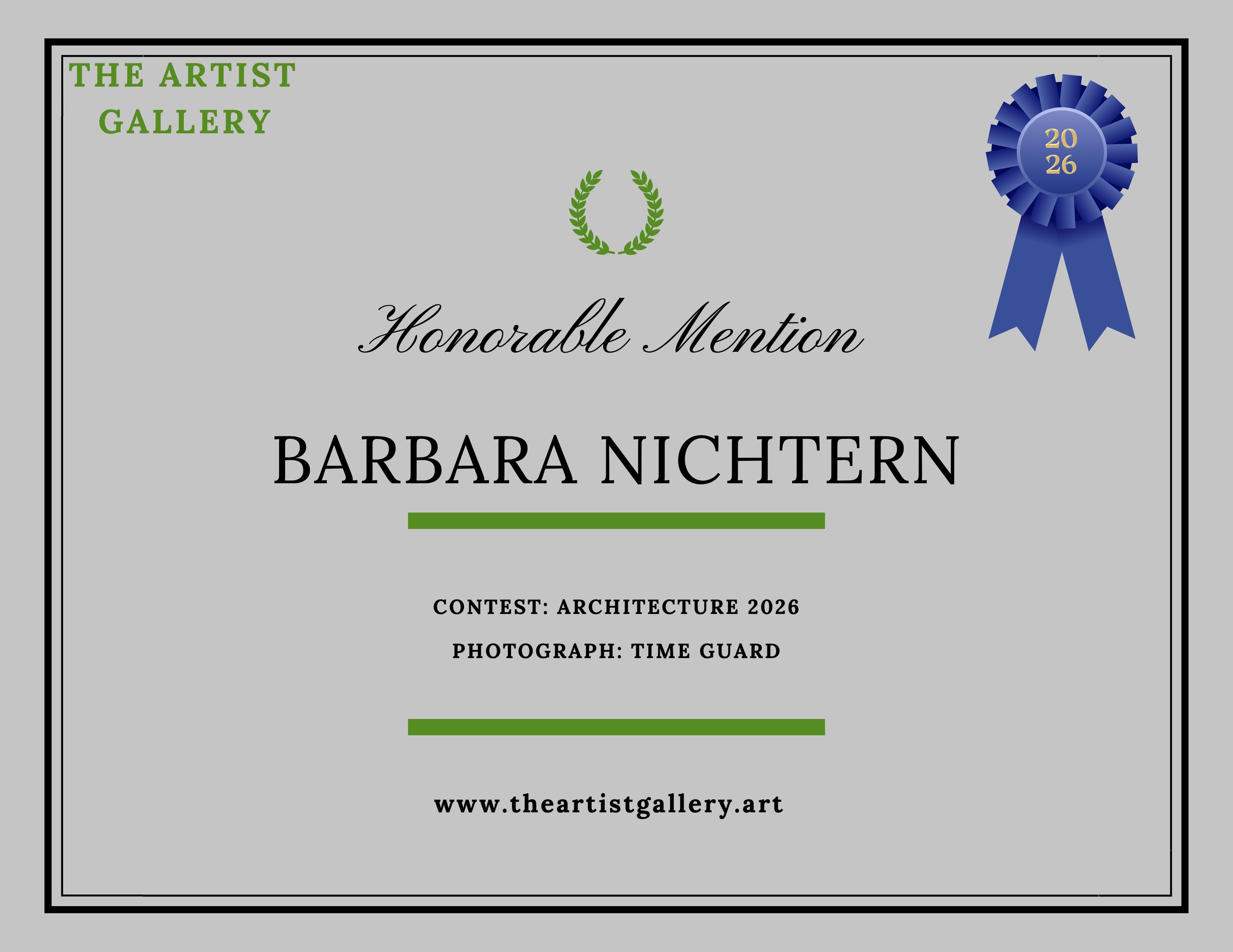 Certificate of Honorable Mention awarded to Barbara Nichting by The Artist Gallery for Architecture 2026 contest, with a blue ribbon and green laurel wreath design.