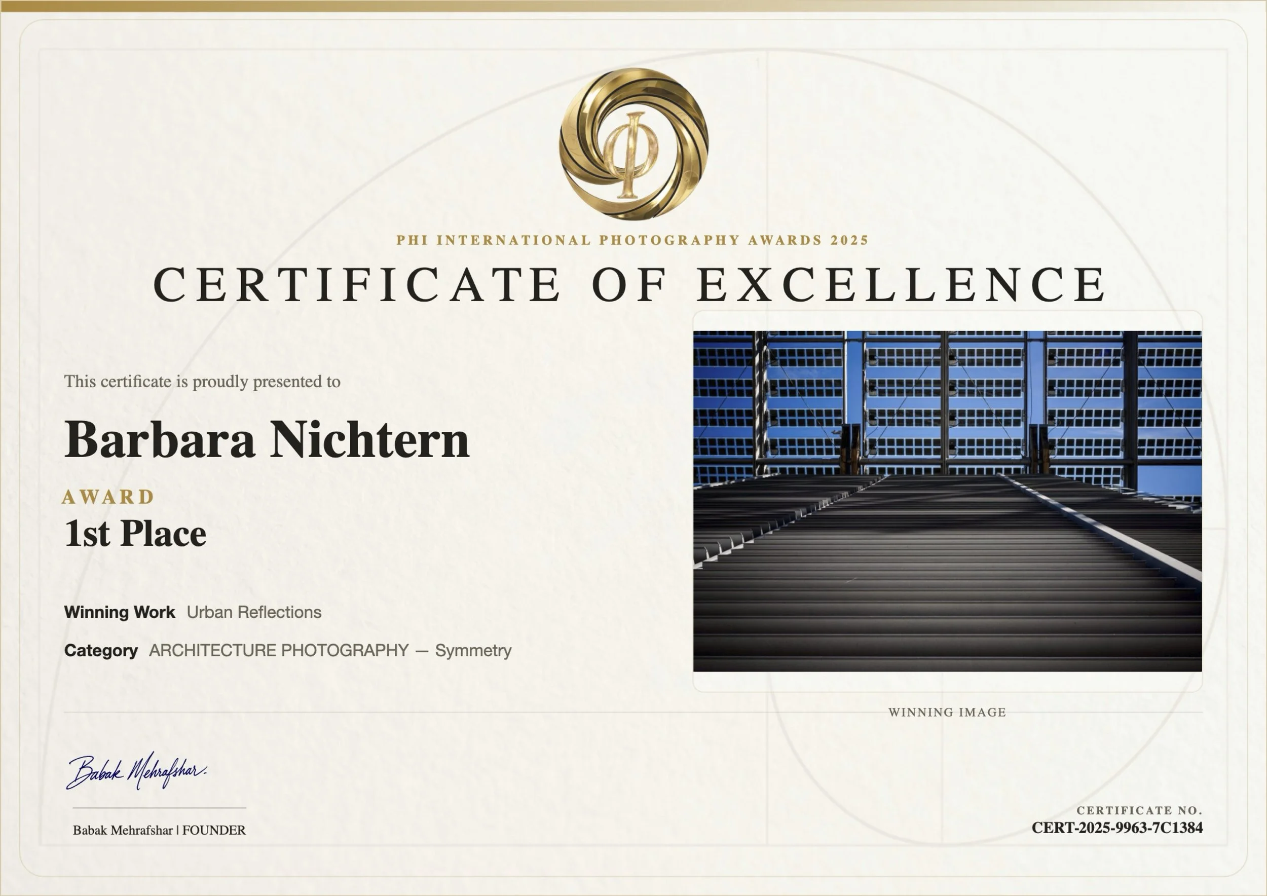 Certificate of Excellence awarded to Barbara Nitchern at the PHI International Photography Awards 2025. The certificate features a gold logo with a camera lens and the Greek letter phi. It includes a photograph of a modern building, the signature of 