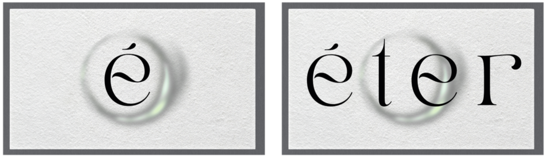 The image shows two parts of the word 'étern', with the first part being 'é' and the second part 'éter', separated into two boxes.