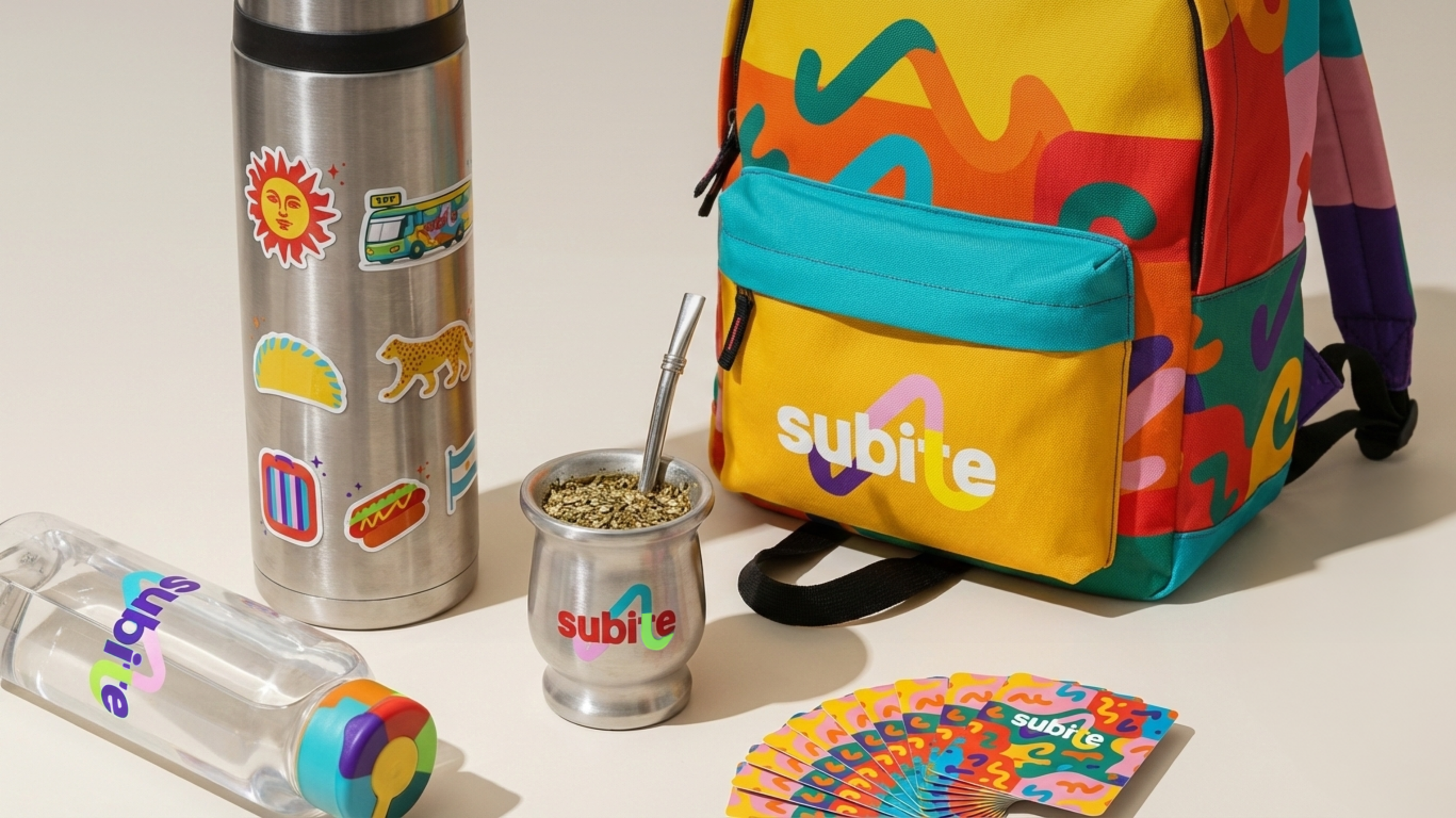 Colorful Subite-themed items including a stainless steel water bottle, a tumbler with stickers, a multicolored backpack with Subite branding, and a deck of Subite-themed stickers and cards on a white surface.