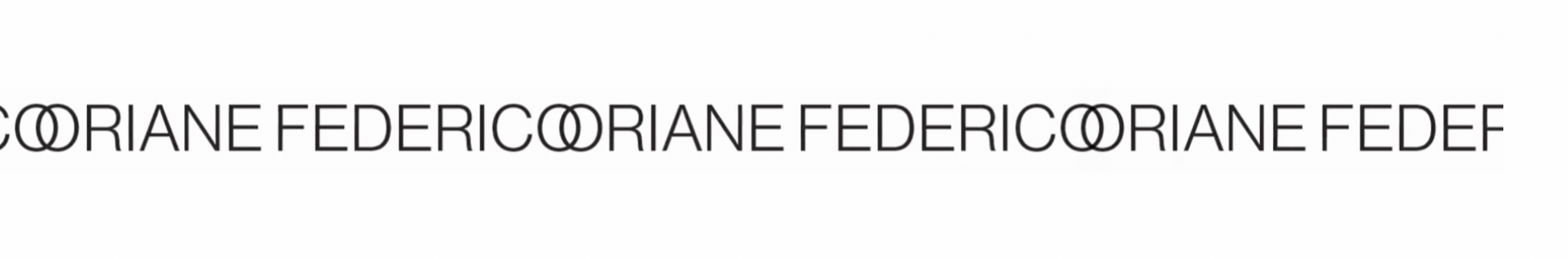 Close-up of a logo with the name "ORIANE FEDERICO" repeated multiple times in a black font, featuring two interlocking circles as part of the design.