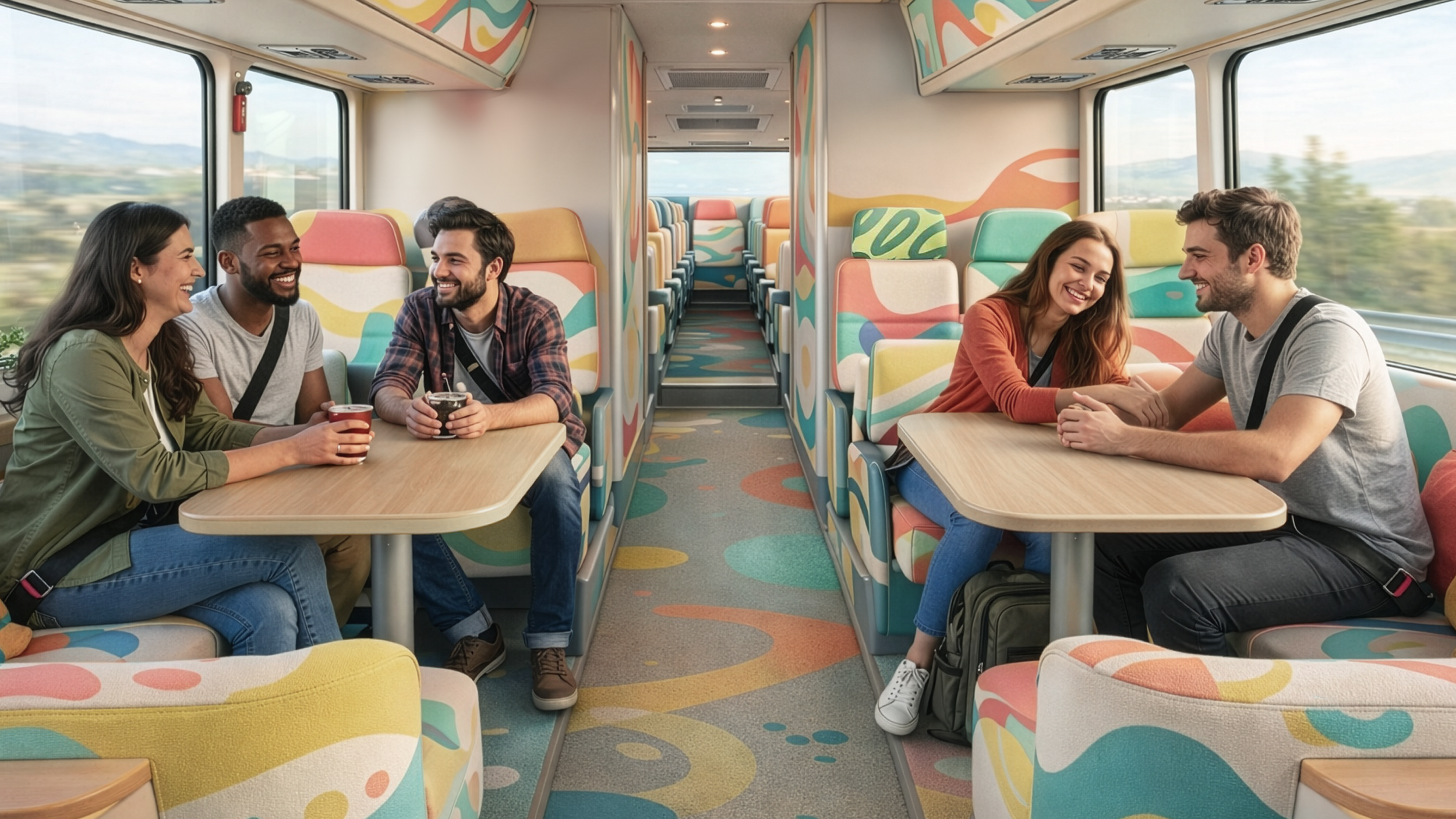 Two groups of young adults, three women and two men, seated at tables inside a colorful train with large windows showing a scenic landscape. They are smiling and engaging in conversations, some holding drinks.