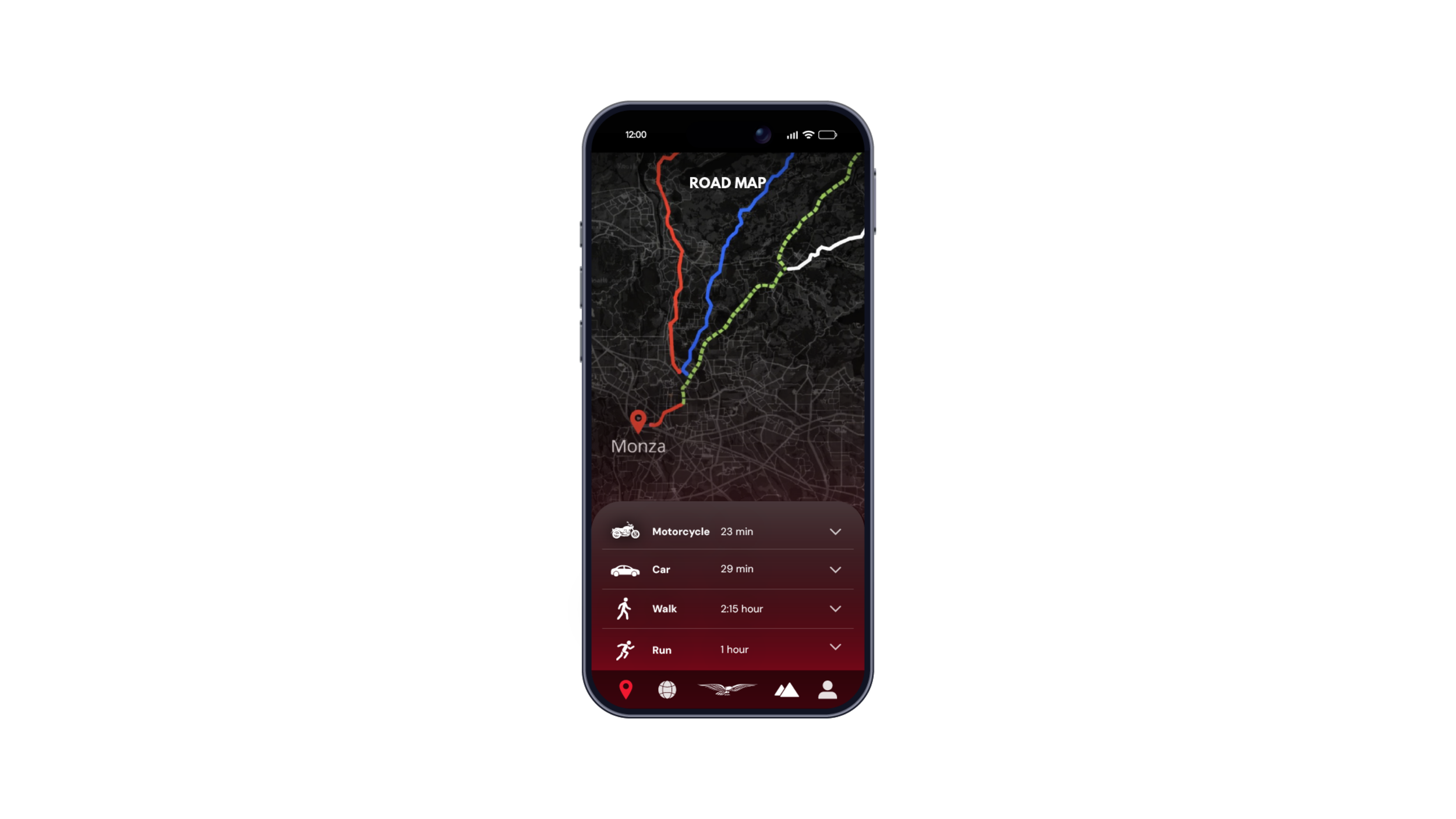 Mobile app screen showing a road map from Monza with options for different travel modes and estimated times, including motorcycle, car, walk, and run.