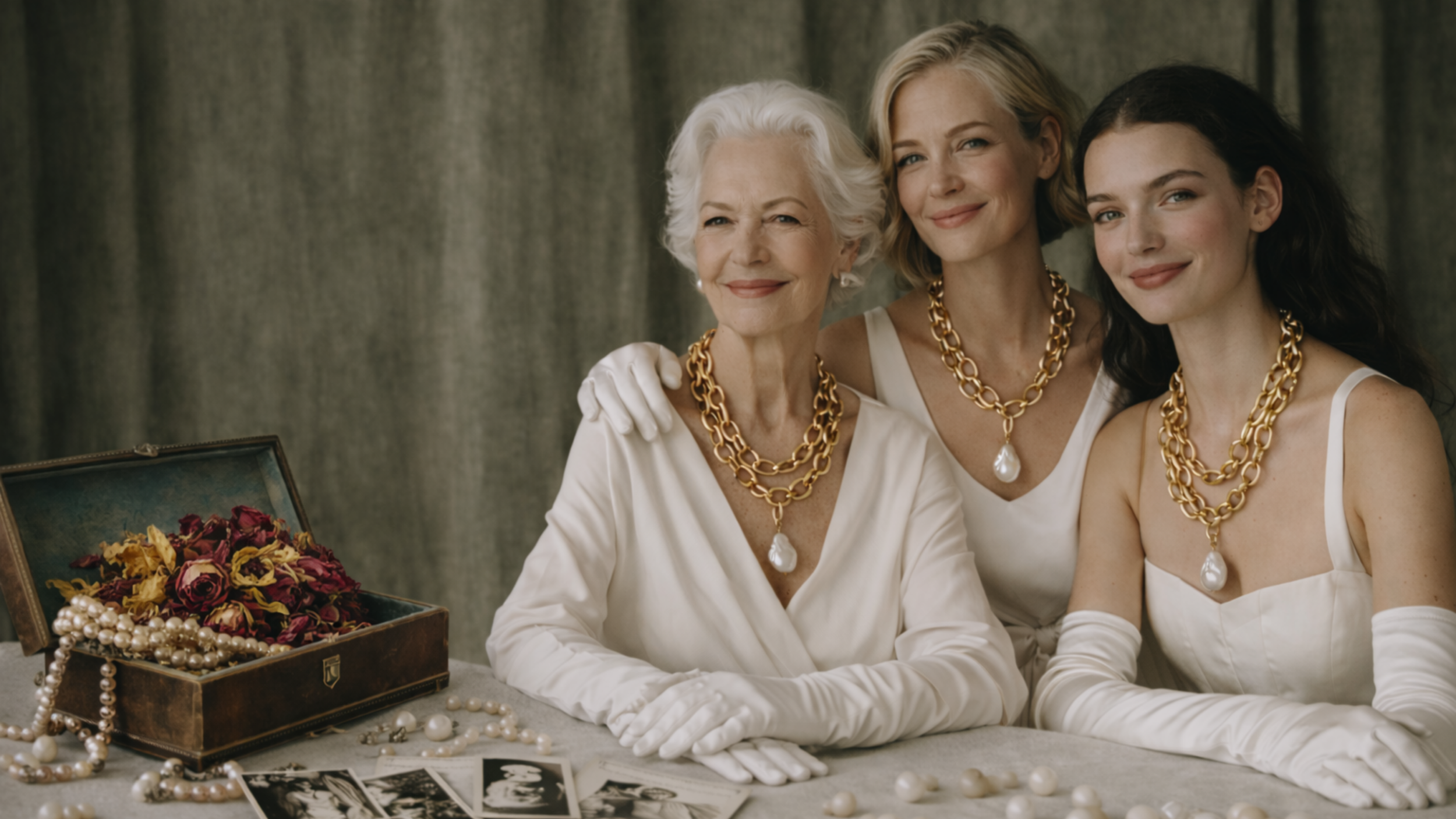 Three women of different ages, smiling and wearing matching gold chain necklaces with large pearls, sitting together at a table with vintage photos, pearl jewelry, and a box of dried flowers.