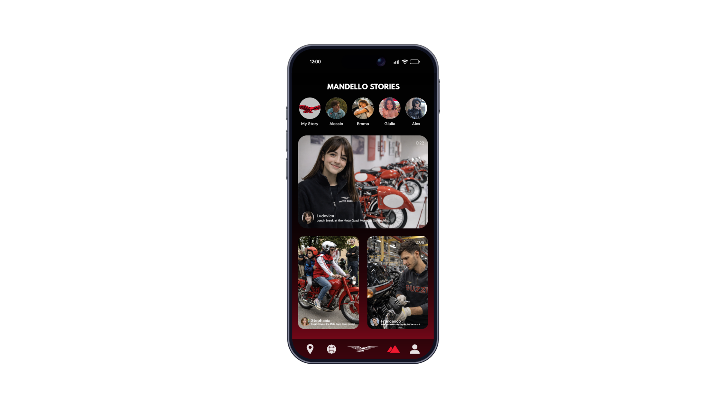 Smartphone screen displaying a social media app called 'MANDLLO STORIES' with photos of people and motorcycles, and navigation icons at the bottom.