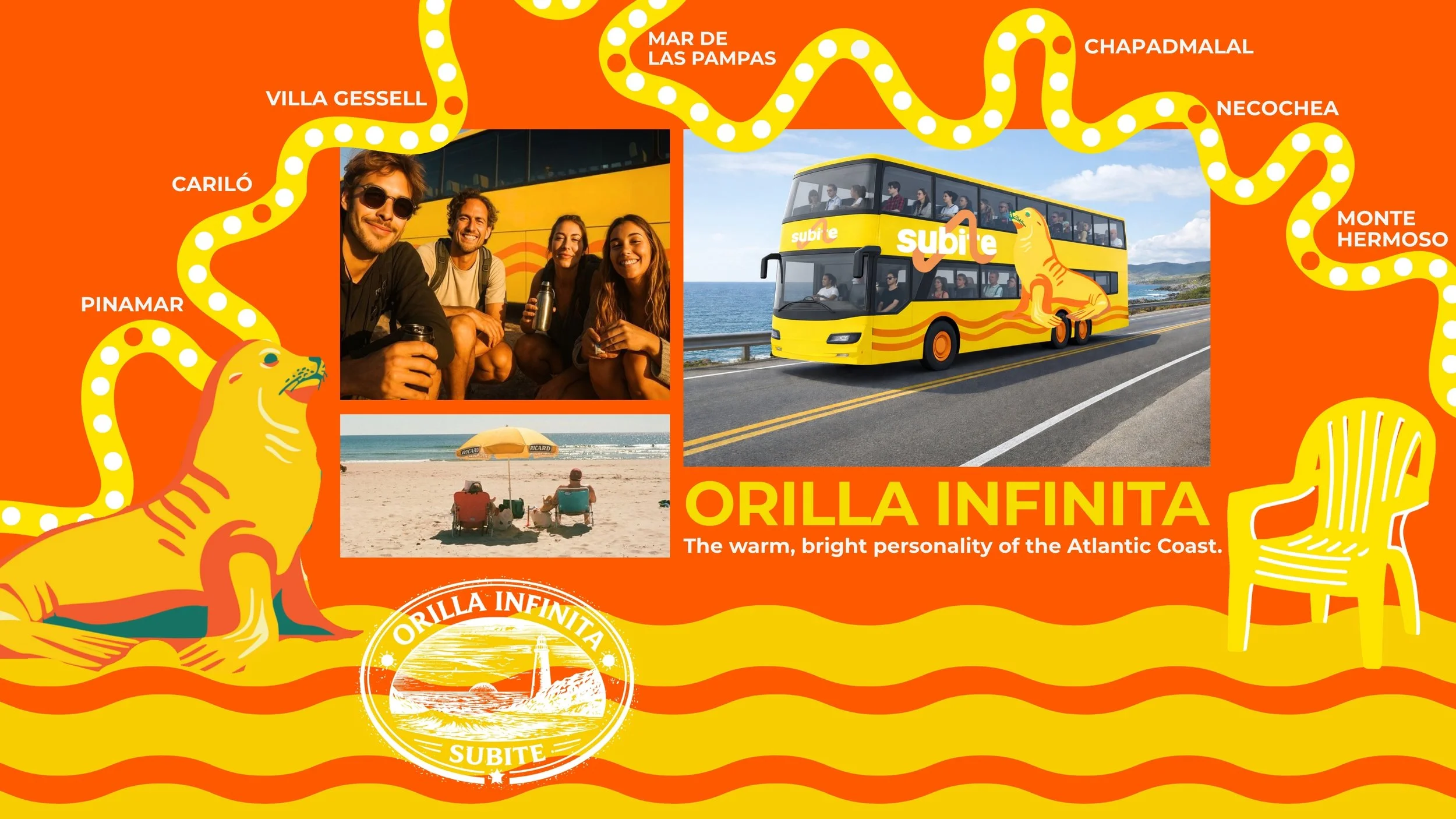 Colorful graphic with photos of a group of friends on a bus trip, a double-decker bus with a tiger illustration, and a beach scene with two people sitting under an umbrella. The graphic features a winding yellow line with white dots and city names al