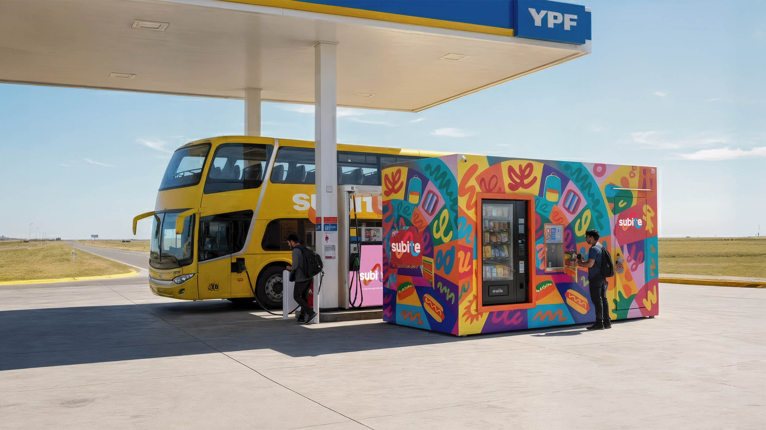 A yellow bus parked at a gas station, with two people fueling and another person standing nearby. There is a colorful vending machine with vibrant patterns in front of the bus.