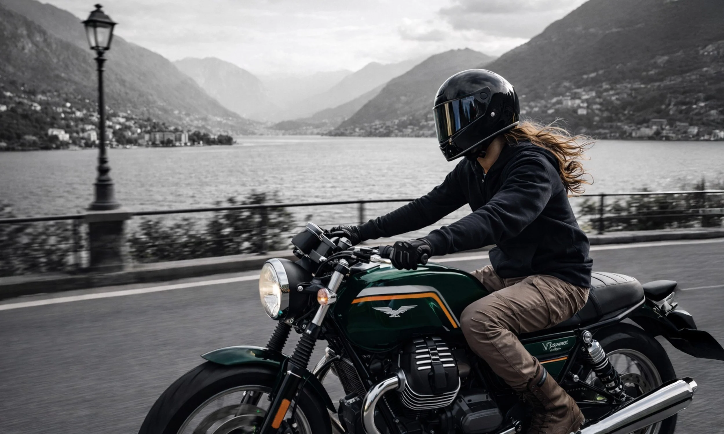 A woman riding a motorcycle along a scenic road with mountains and a lake in the background. She is wearing a black helmet and dark clothing, and her hair is flowing in the wind.