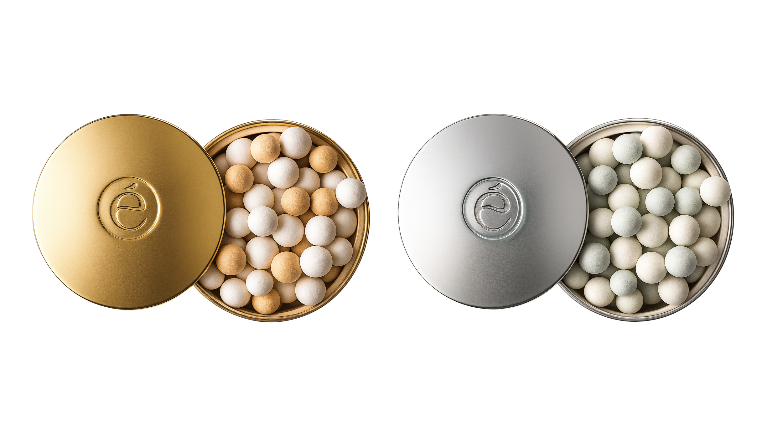Two round metal tins, one gold and one silver,  with scented beads inside of them.