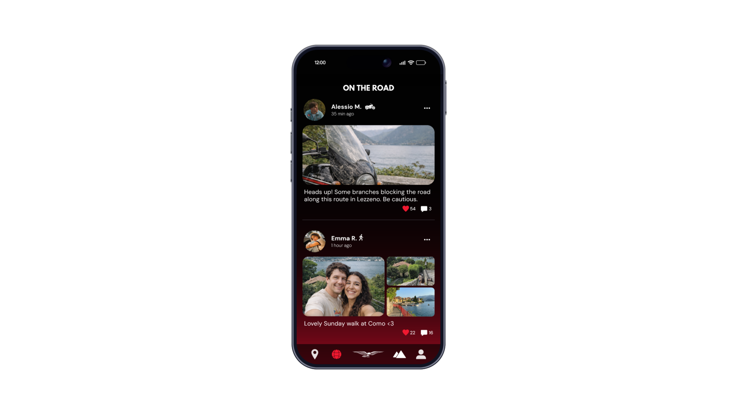 Smartphone screen showing a social media app with posts and photos, including a person on a motorcycle by a lake, a couple smiling outdoors, and a scenic view.