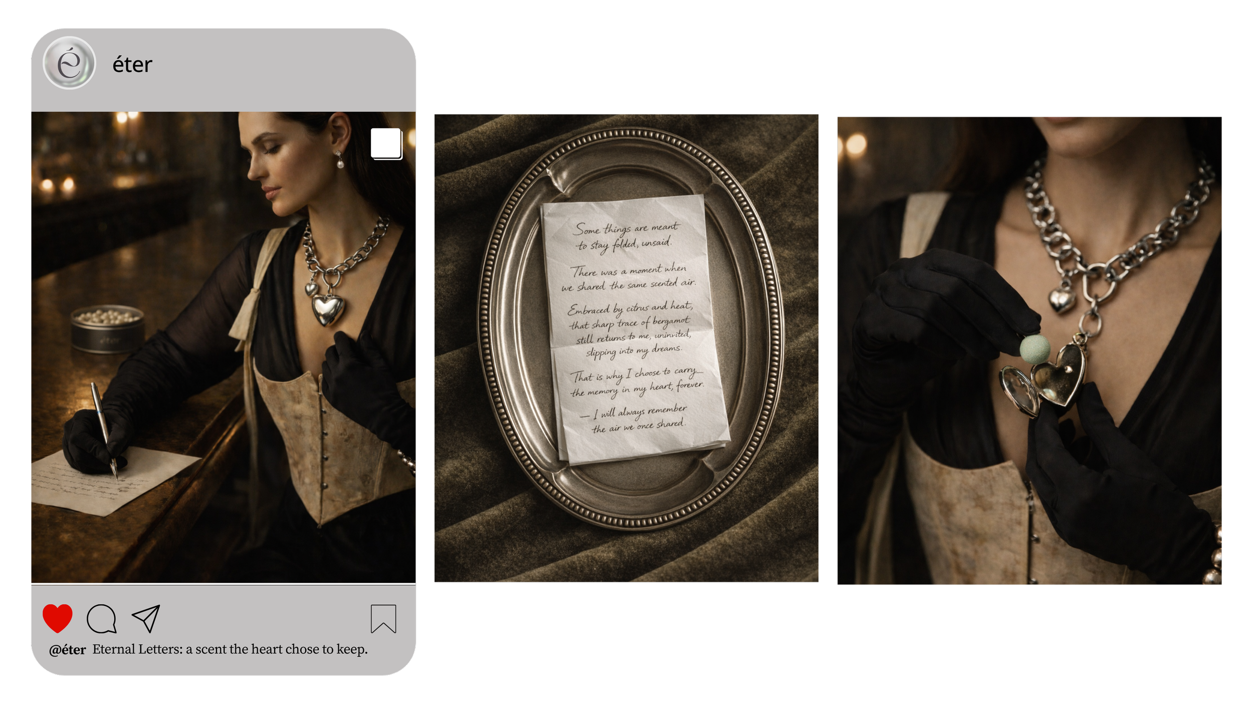 A woman dressed in a black dress and black gloves, wearing a large silver chain necklace with a heart pendant, sitting at a wooden table writing with a pen. The middle image shows a silver tray with a handwritten note on crumpled paper, placed on a dark-colored cloth. The note reads: "Some things are meant to stay folded, unsaid. There was a moment when we shared the same scented air. Embraced by citrus and heat, that sharp trace of bergamot still returns to me, uninvited, slipping into my dreams. That is why I choose to carry the memory in my heart, forever. - I will always remember the air we once shared." The right image shows a close-up of the woman's chest area, focusing on her necklace with a heart pendant and a round, mint-green pendant, and her black-gloved hand holding the mint-green pendant.