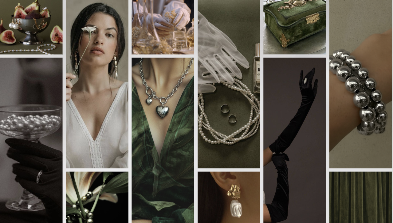 A collage of jewelry and fashion items including pearl necklaces, pearl earrings, a silver bracelet, a pearl ring, a bracelet with large silver beads, a velvet green box, a woman wearing a pearl necklace and earrings, a woman holding a glass bowl of pearls with a ring, a woman with a flower in her hair, a woman in a silky green garment, and a pair of long black gloves.
