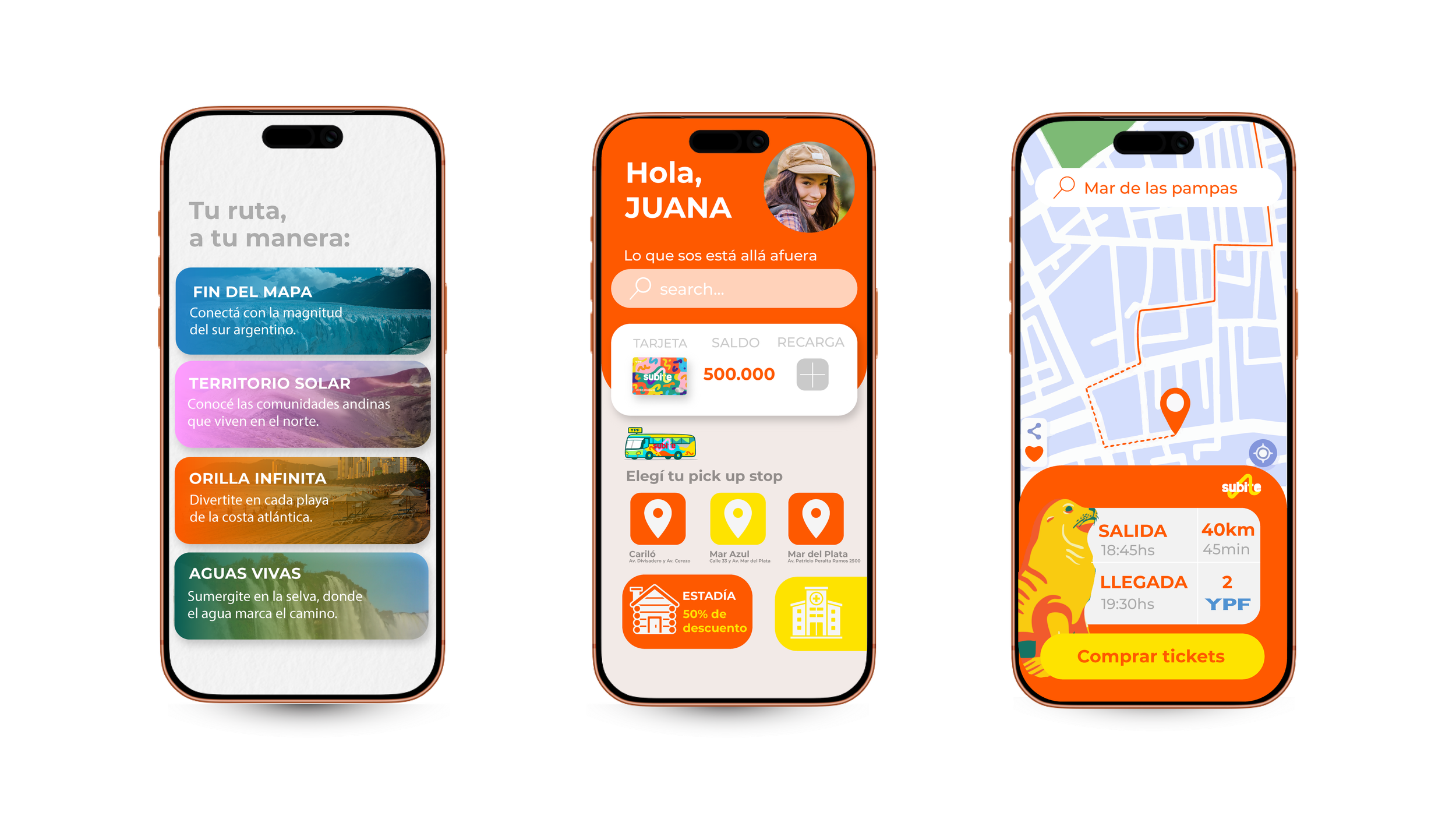 Three smartphones showcasing an app interface with various features including maps, user profile, and navigation options.