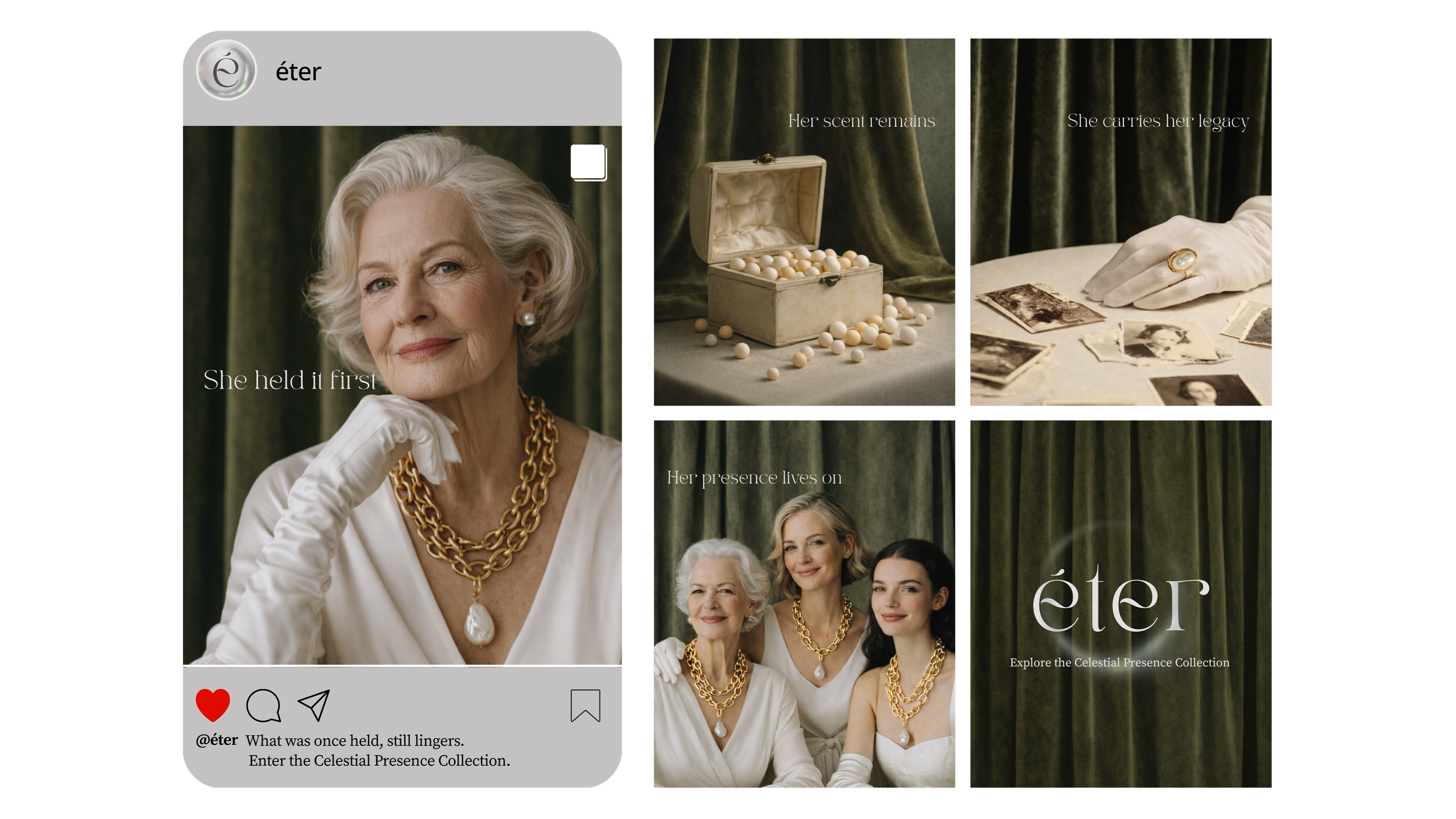 Collage featuring elderly women wearing jewelry, vintage photographs, and a jewelry box with pearl necklaces, promoting a jewelry collection.