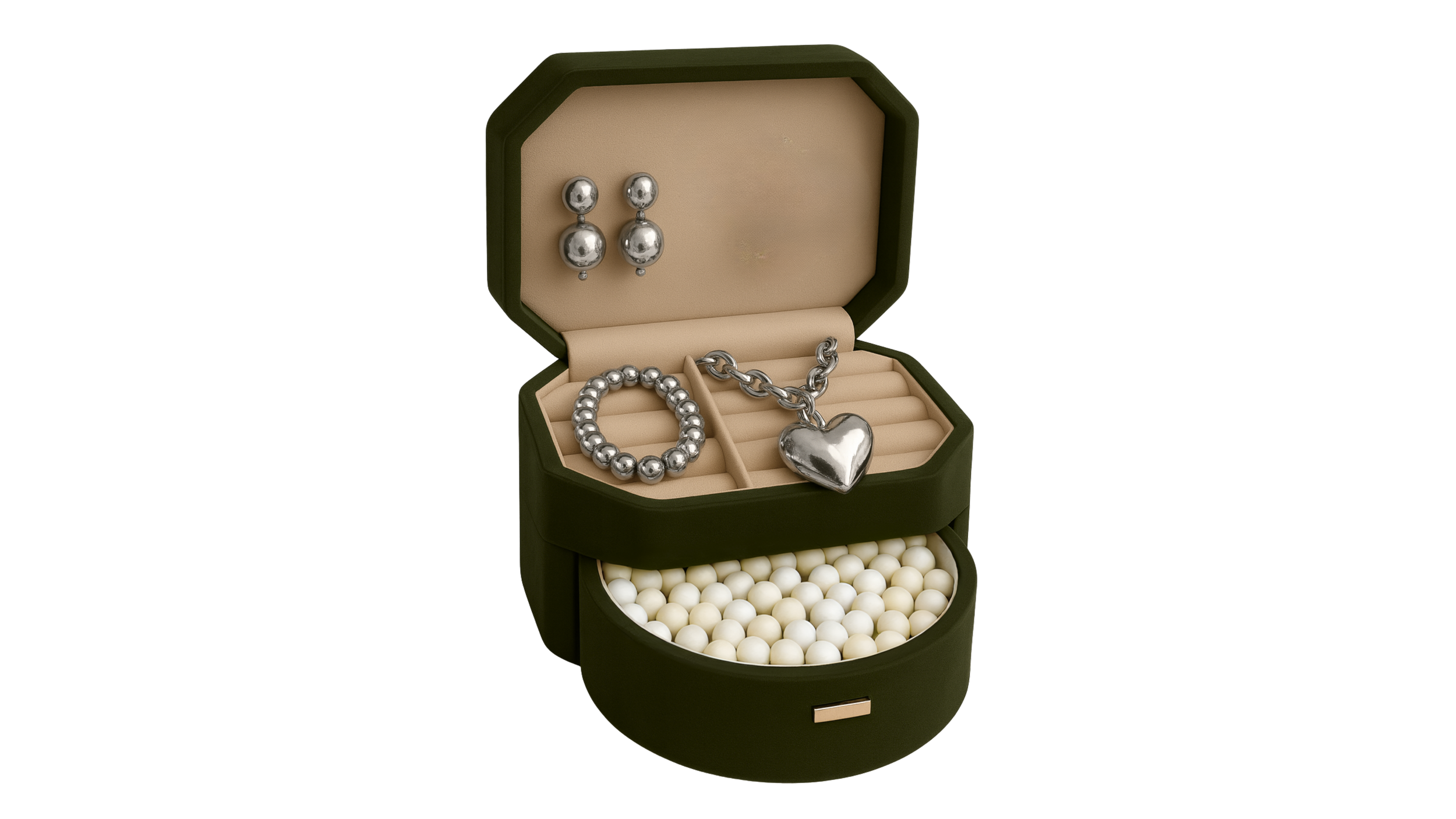 A jewelry box with a pair of silver earrings, a silver bracelet, a silver heart-shaped pendant, and a string of white beads.