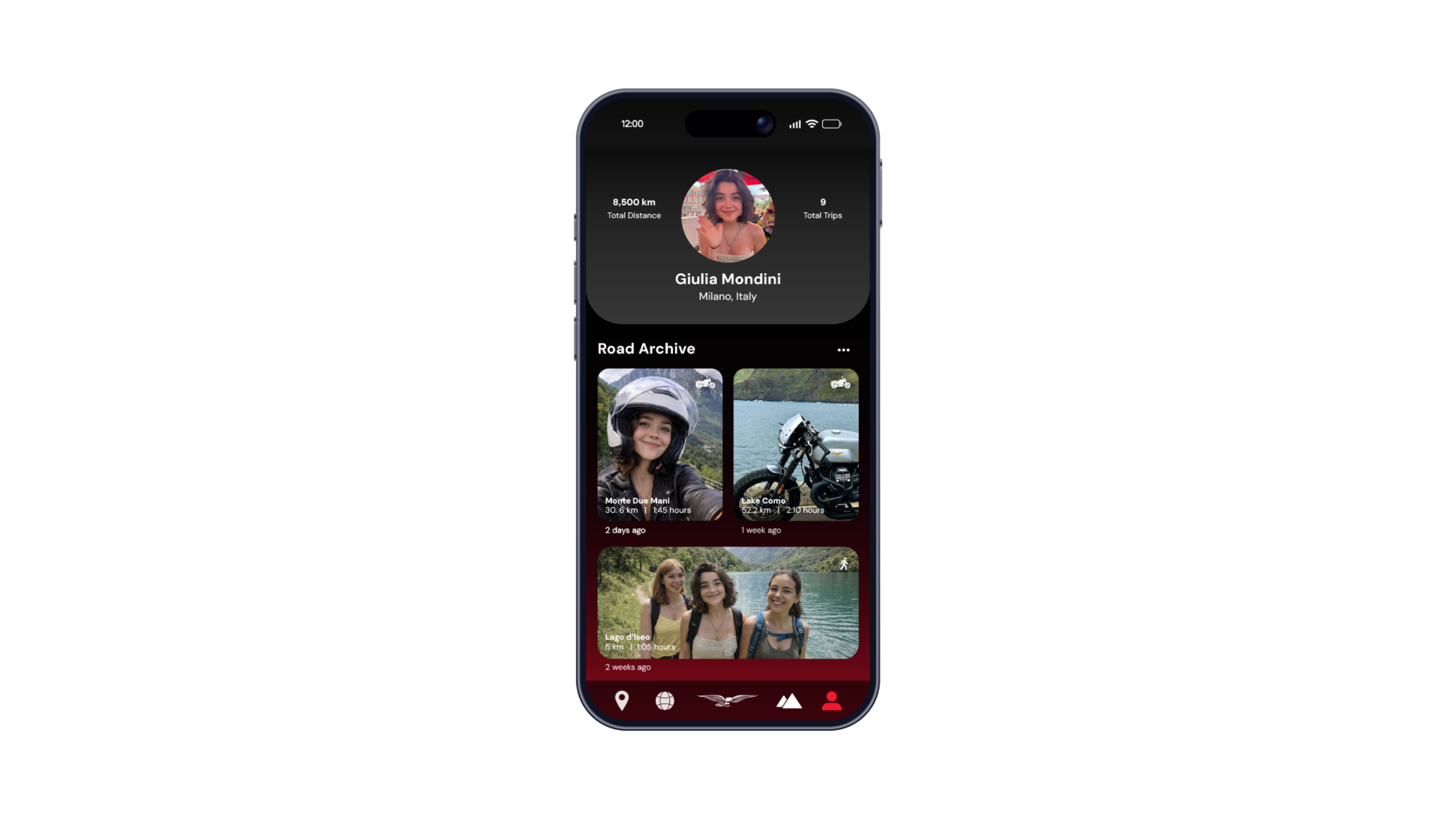 Screenshot of a mobile app showing a user's profile and recent travel activities, with profile picture, name, location, total distance traveled, total trips, and photos of various outdoor locations and activities.
