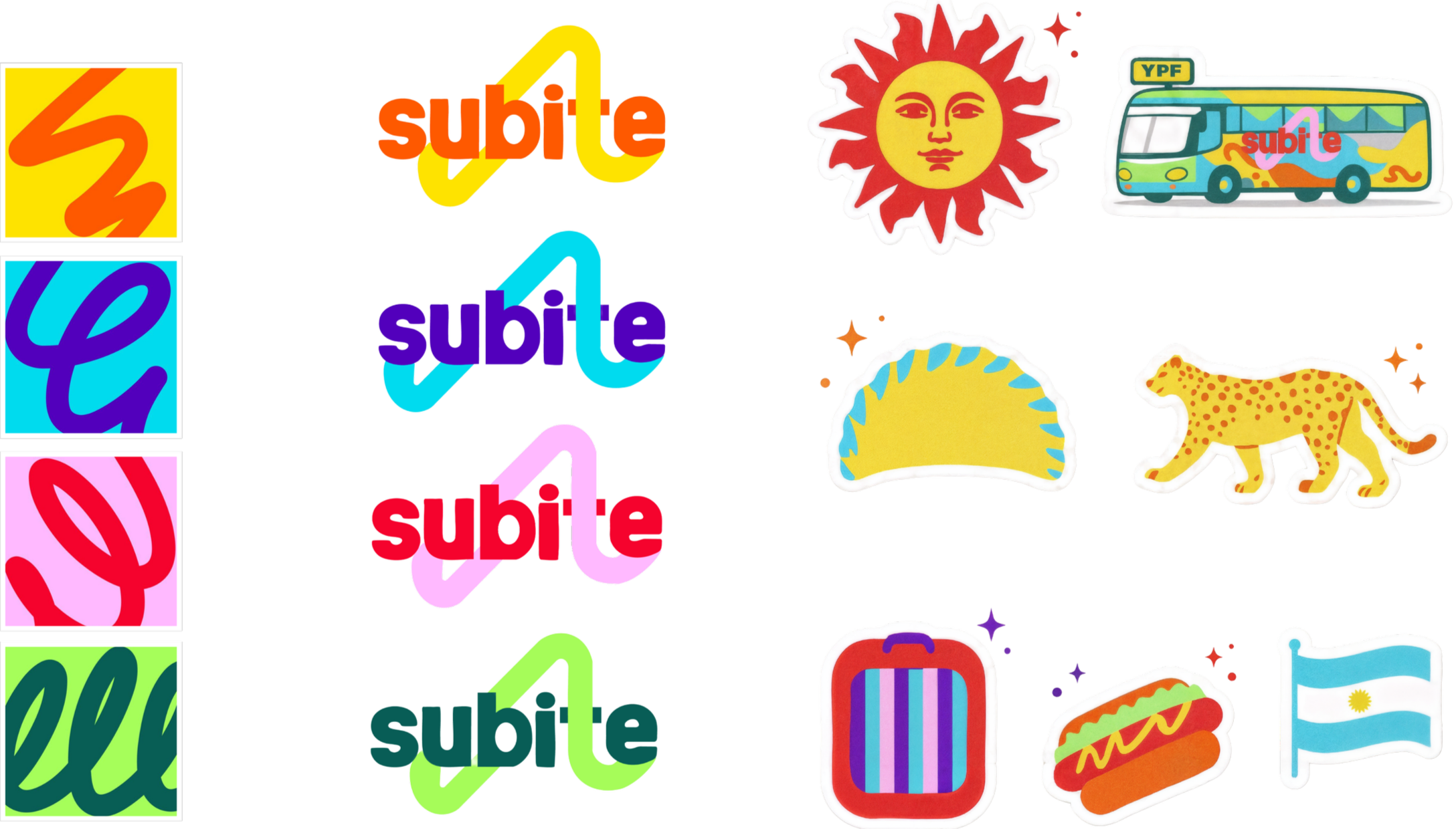 Colorful logo designs featuring the word "subite" in different colors and styles, alongside illustrations of a sun, a horse, a taco, a hot dog, a suitcase, a bus, and flags.