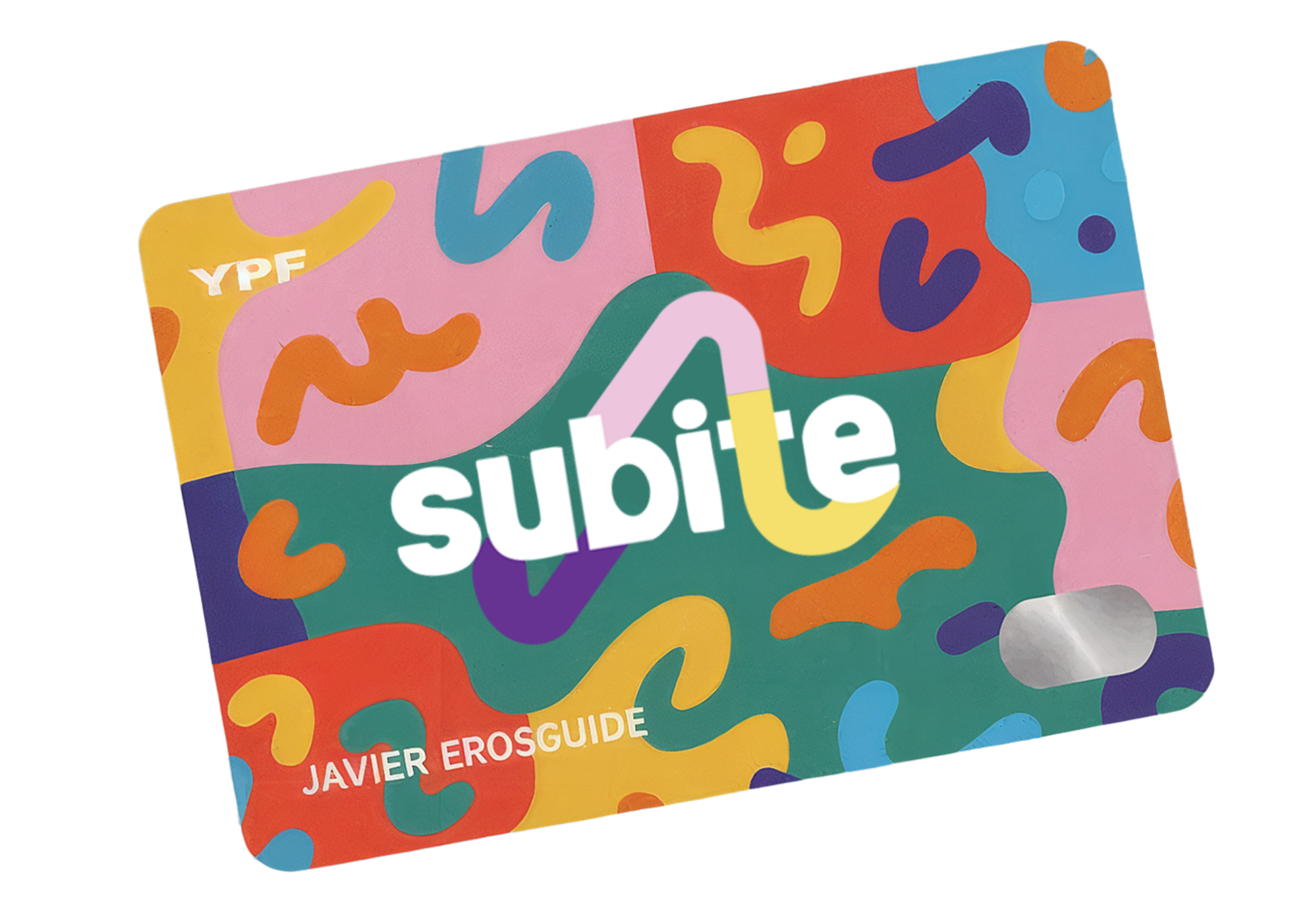 Brightly colored subite card cover with abstract shapes.