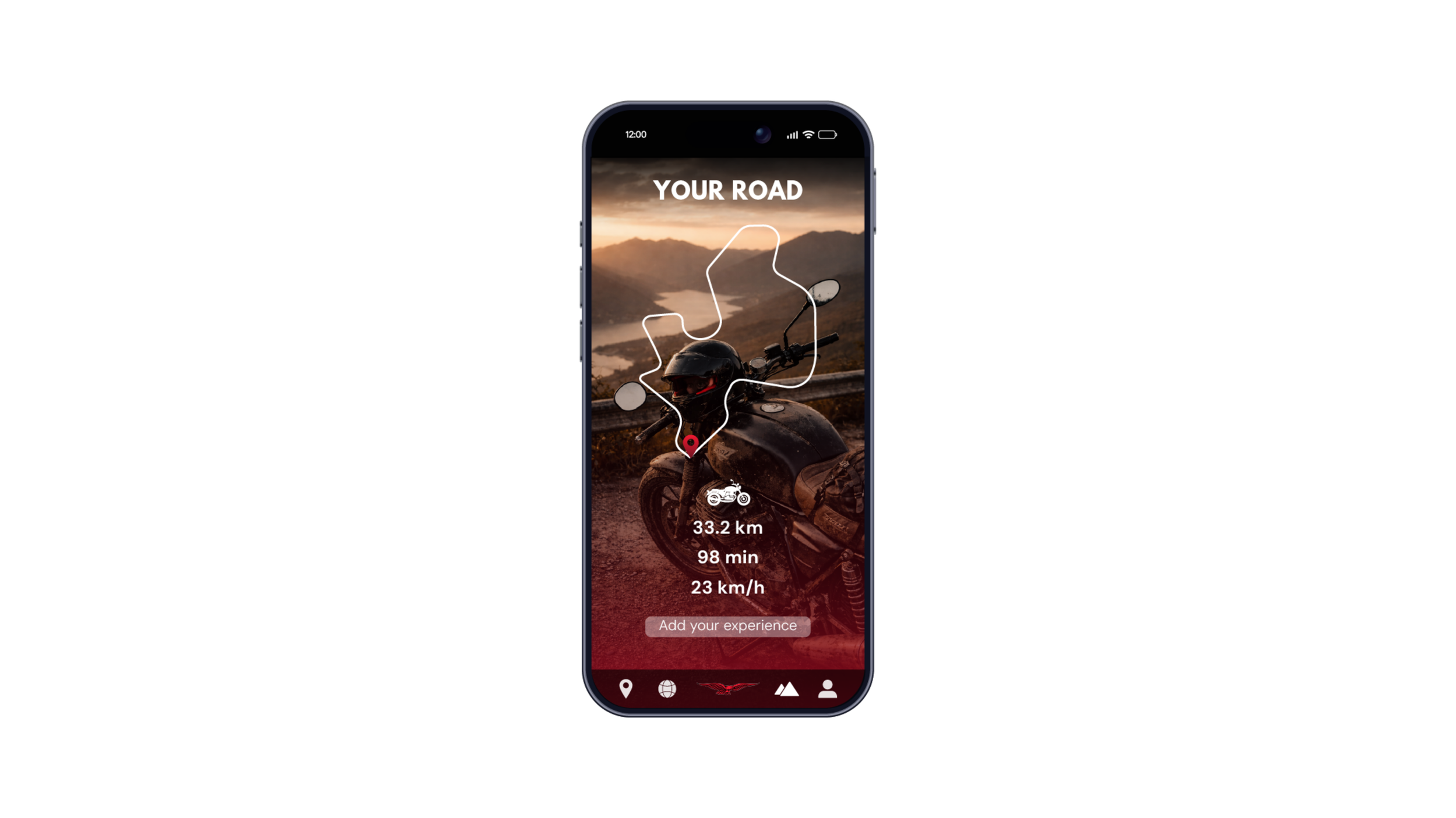 Smartphone screen displaying a motorcycle riding app with a scenic background, map route, and trip details.