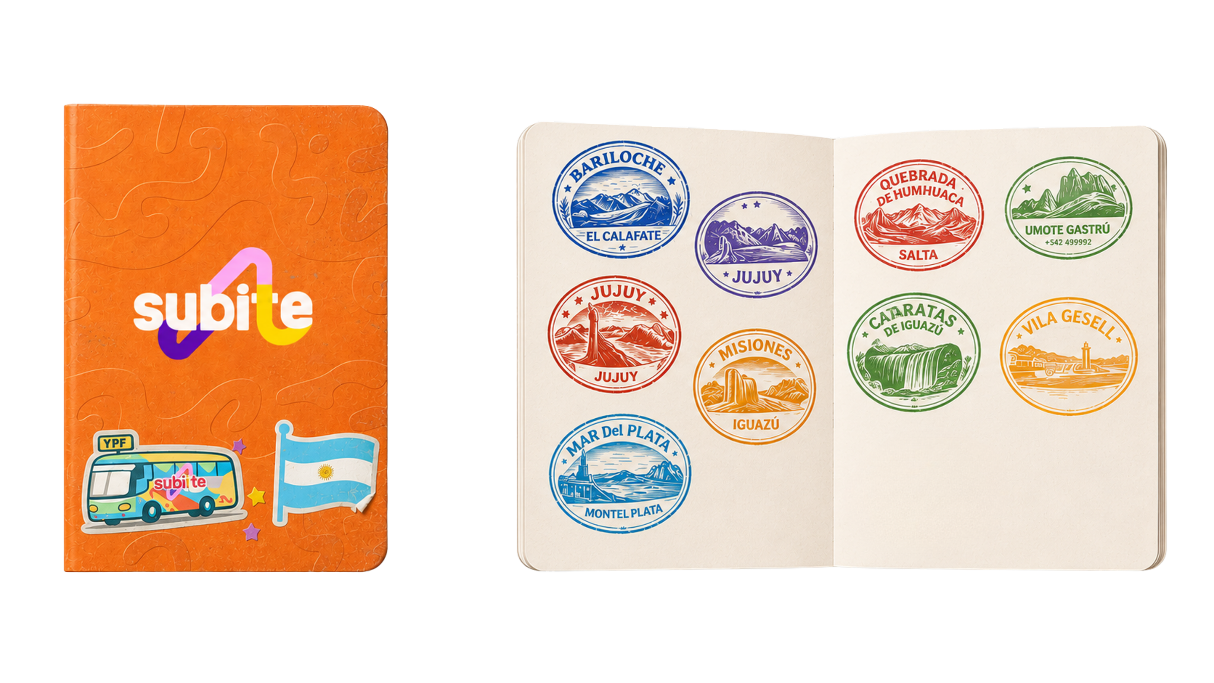 Open travel journal with colorful stamps of various locations, including mountains, waterfalls, and a beach, and an advertising card with the logo 'subite' and a bus illustration.