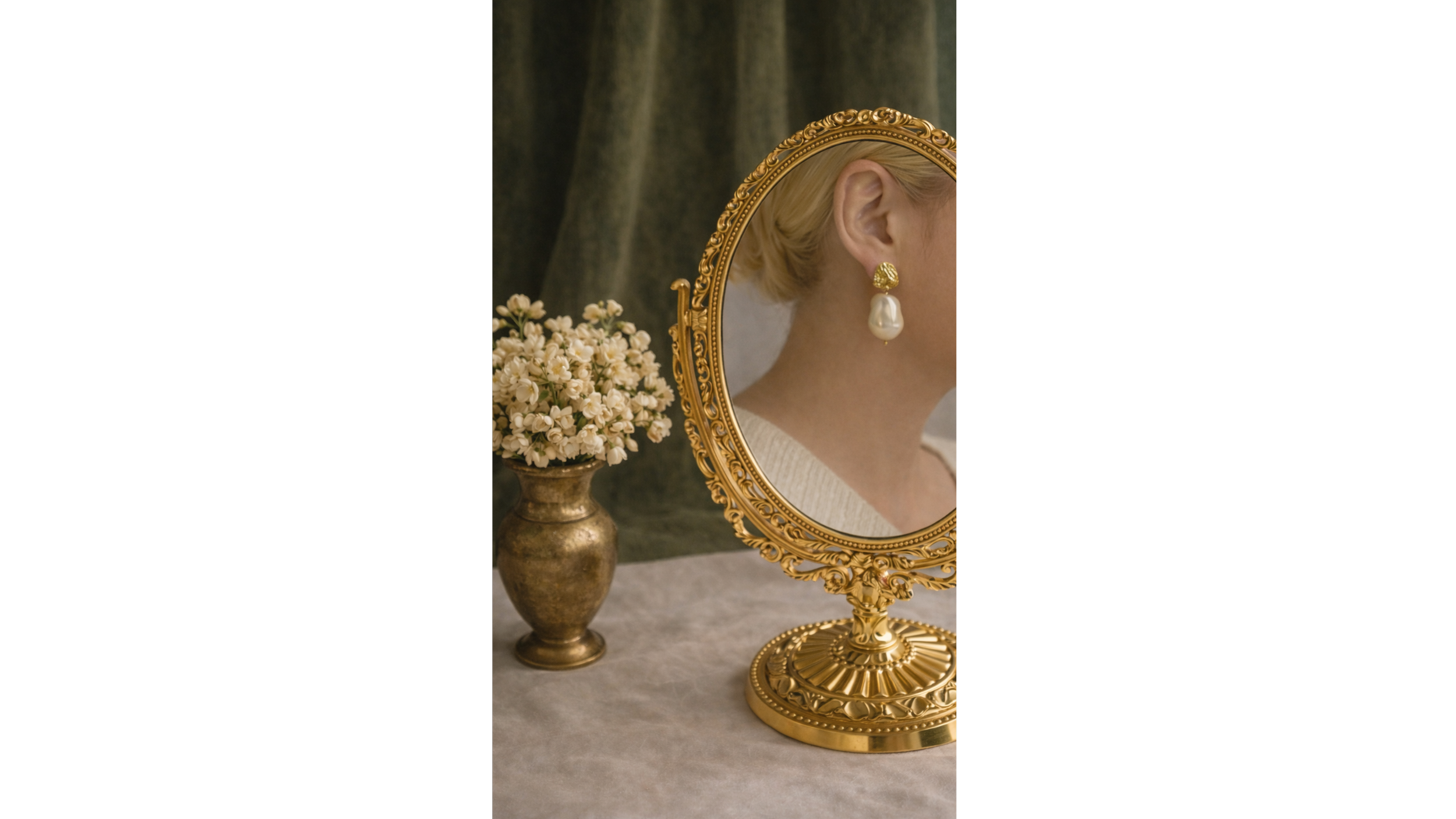 A woman with blonde hair wearing pearl and gold earrings looking at herself in an ornate gold mirror. There is a vase with white flowers next to the mirror on a table.