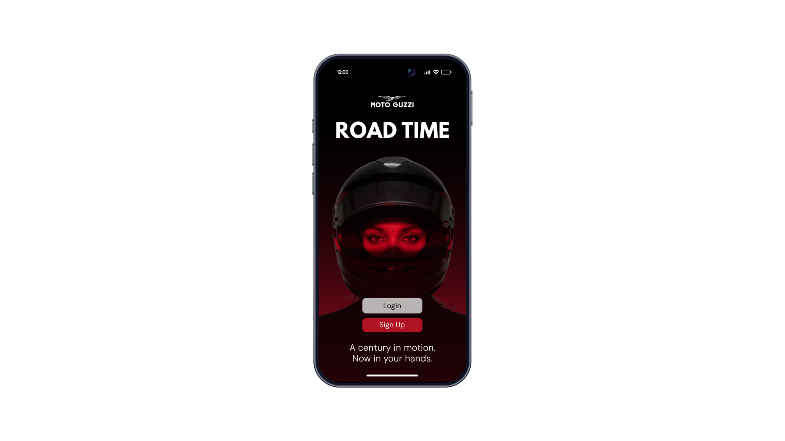 Smartphone screen displaying an app called MOTo GUZZI with a black background, showing a person wearing a black helmet with red lighting on their face, and buttons labeled 'Login' and 'Sign Up'. The app tagline is 'A century in motion. Now in your hands.'