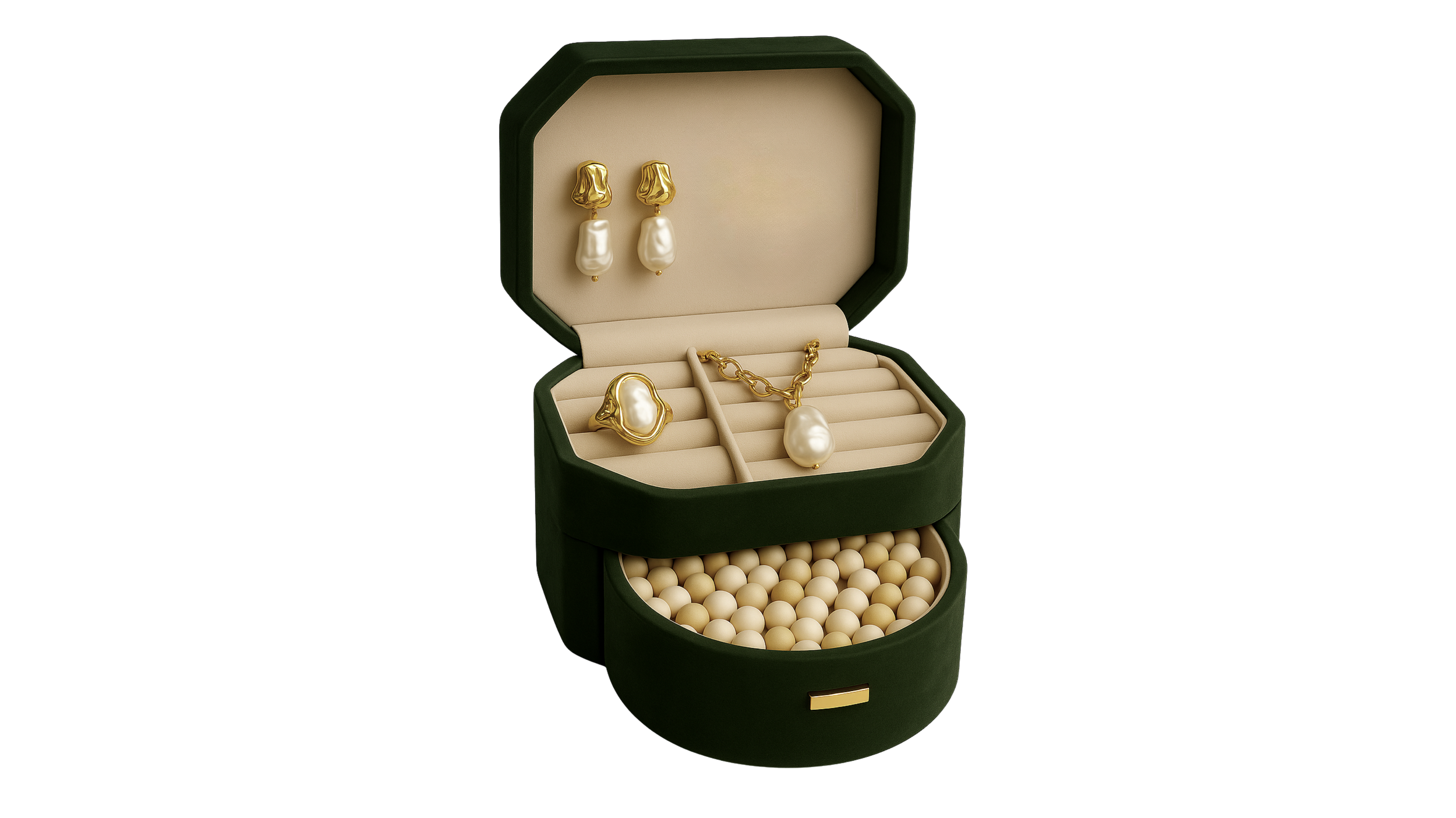Open jewelry box with pearl earrings, a pearl necklace, a ring, a bracelet displayed inside, and a string of light yellow beads.