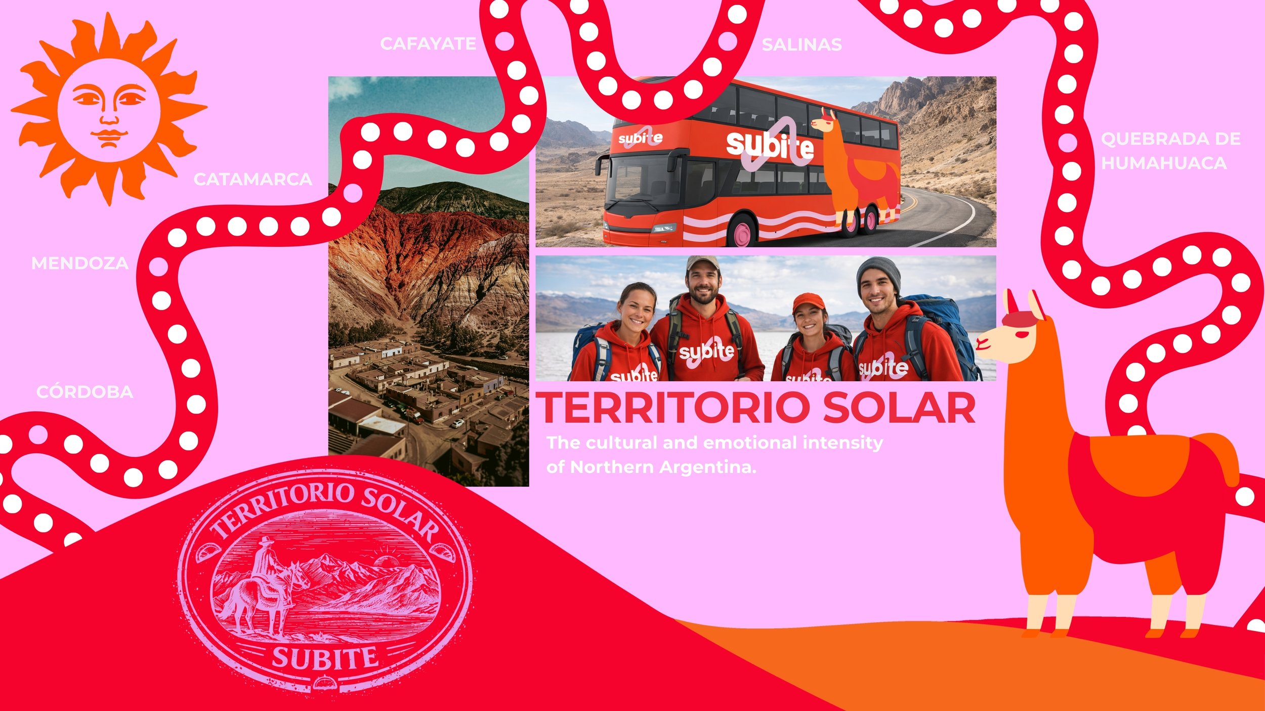 Colorful poster showcasing northern Argentina's culture and landscapes with a stylized sun, illustrated llama, images of mountains, a town, a red double-decker bus, and four young travelers with backpacks wearing red hoodies. The poster includes the 