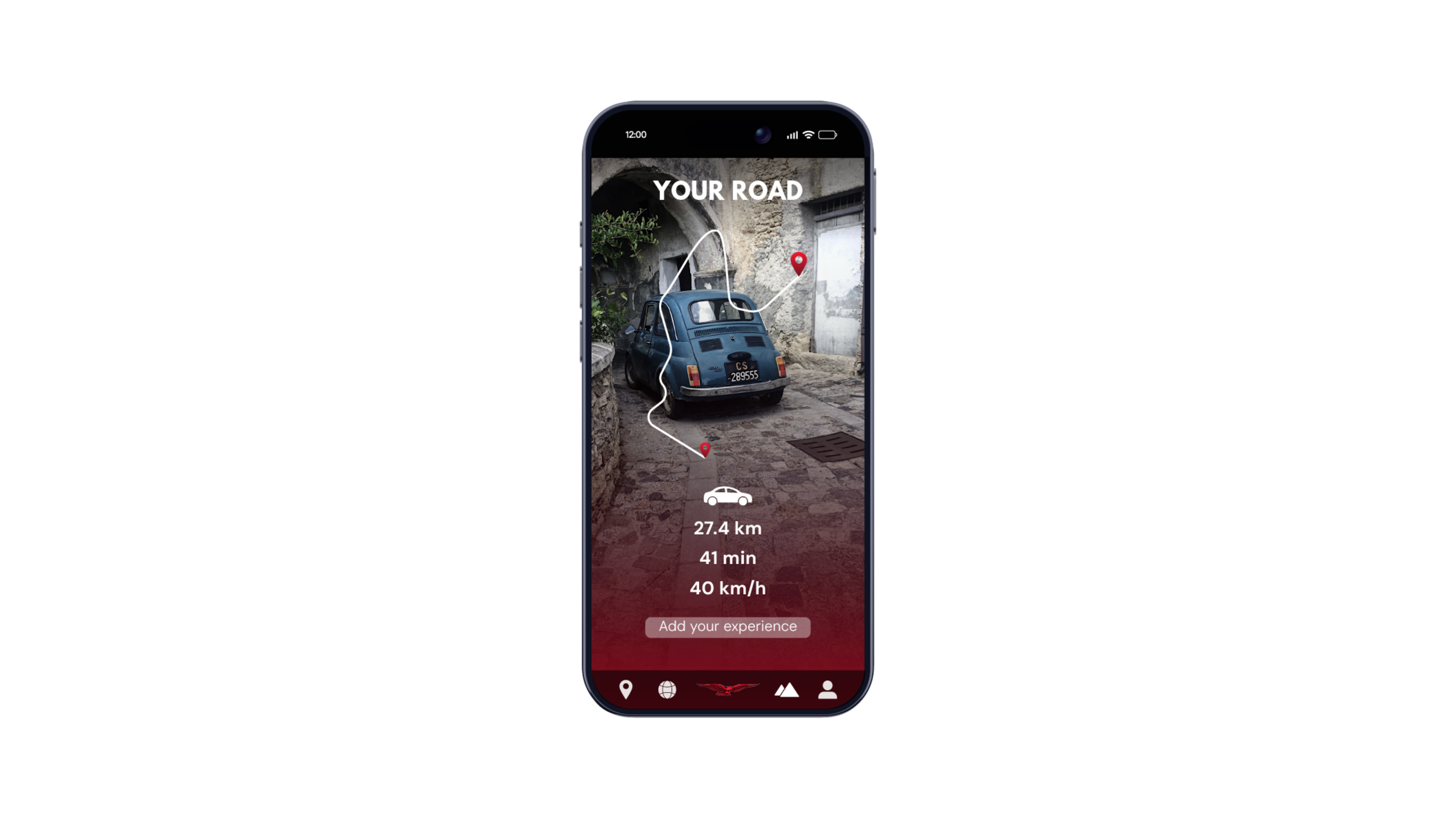 Smartphone screen displaying a navigation app with a photo of a small blue car parked on a narrow cobblestone street.