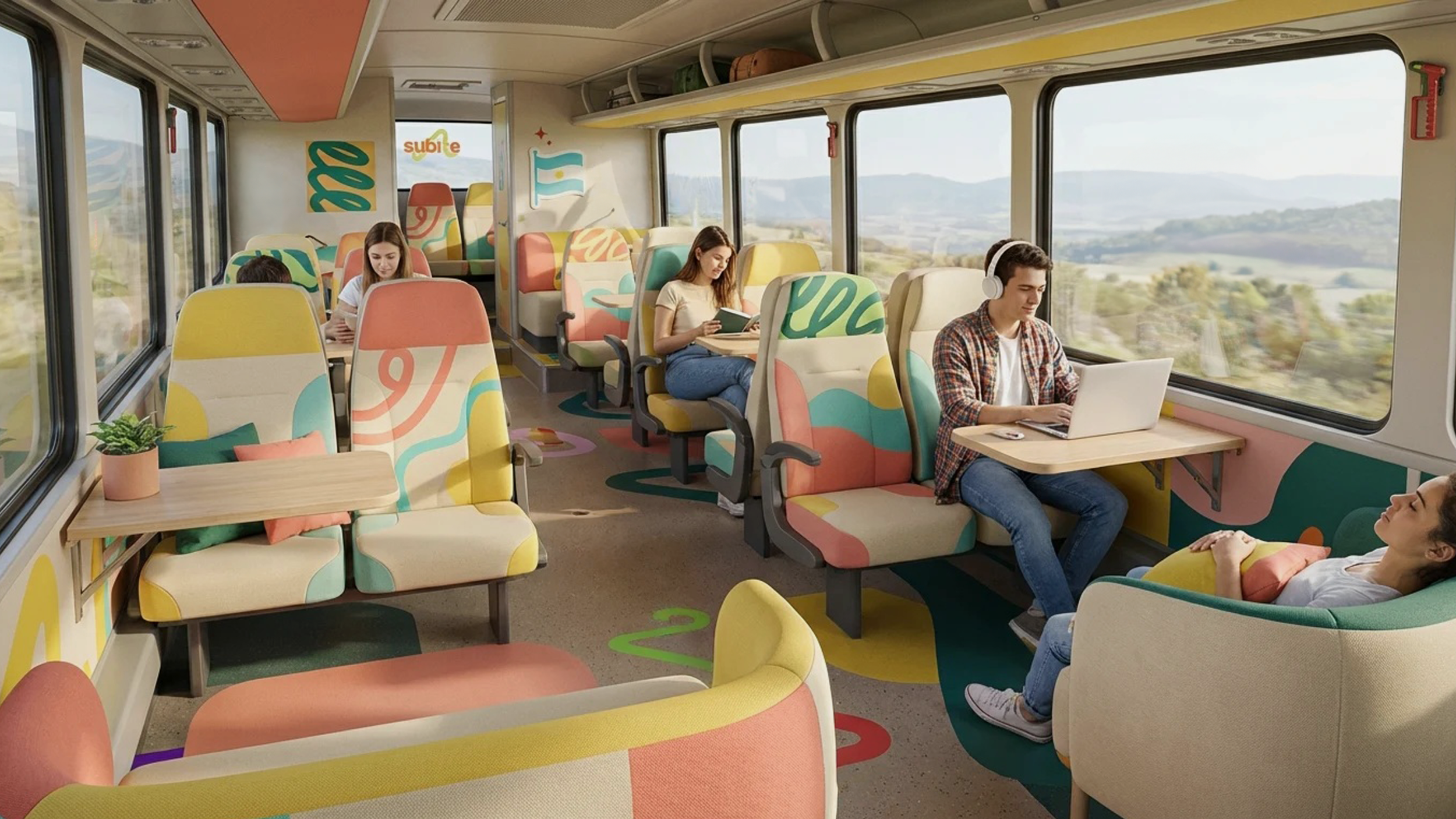 Inside a colorful train car with large windows showing a landscape of rolling hills. Passengers are seated in patterned seats, some using laptops and others reading or relaxing. There are a few small tables with plants, and the interior décor features bright, abstract designs and a wall mural with a flag and the word 'subte'.