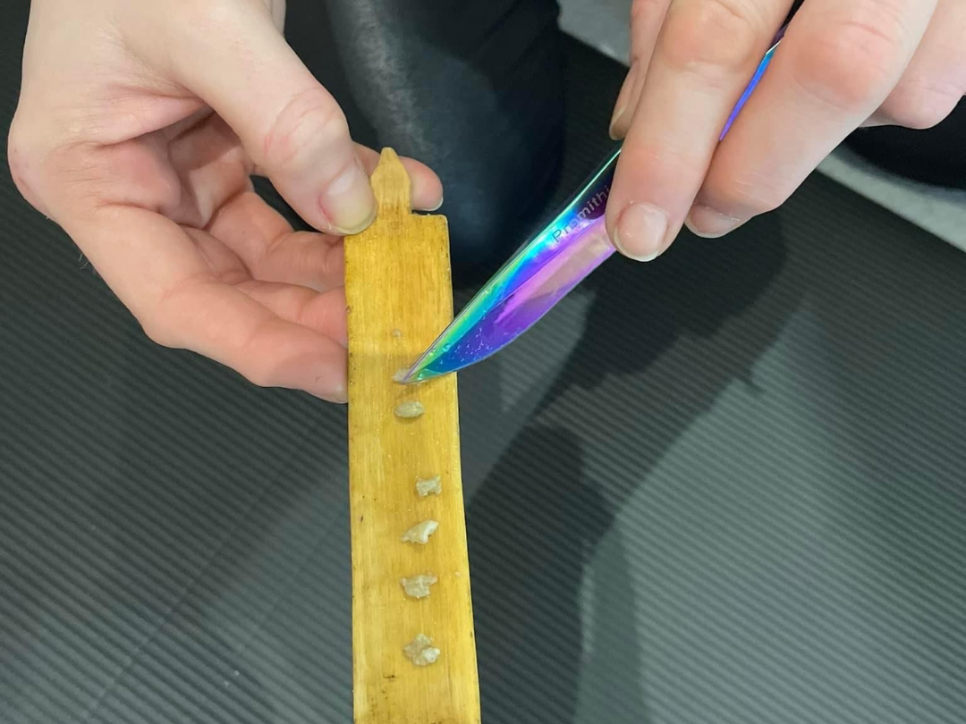 Person holding a Kambo stick, cutting up the medicine, using a rainbow-colored knife.