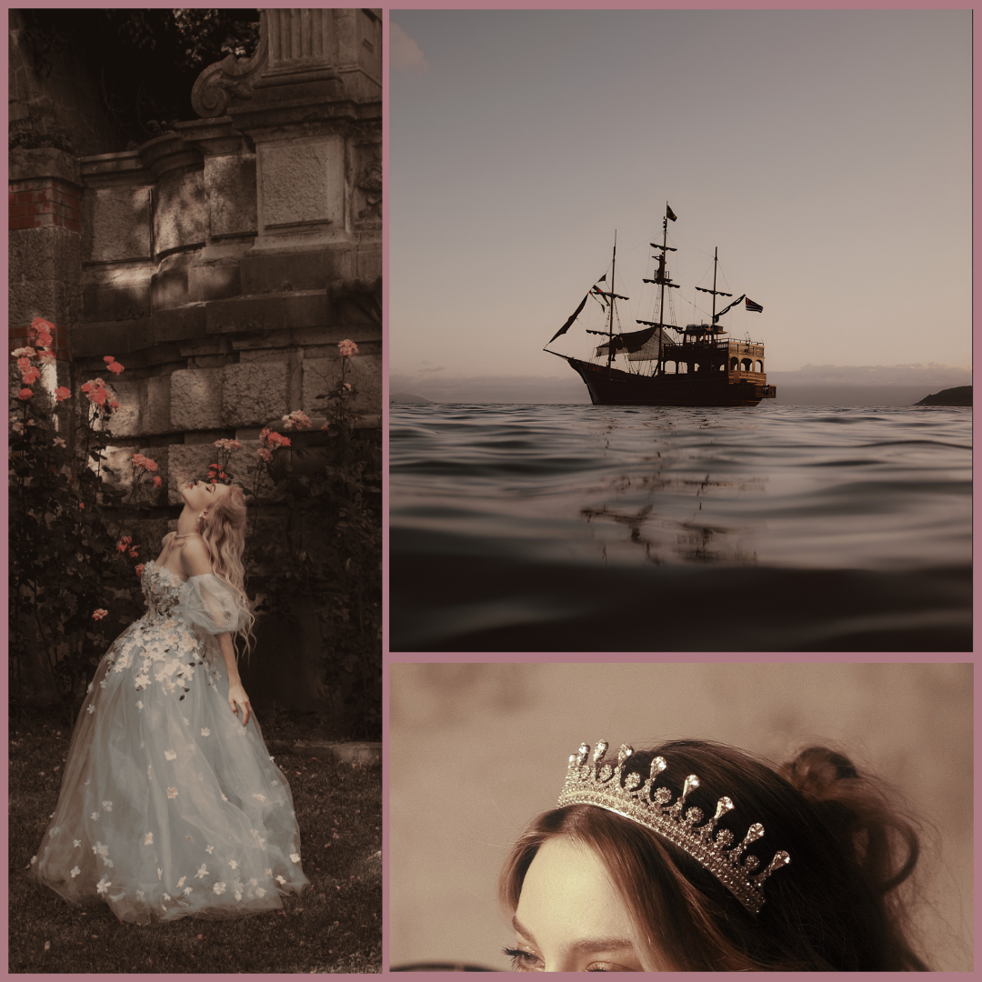 A collage of three images: a woman in a floral gown standing by a stone and brick structure with roses; a silhouette of a ship on calm waters at sunset; a close-up of a woman wearing a jeweled tiara.
