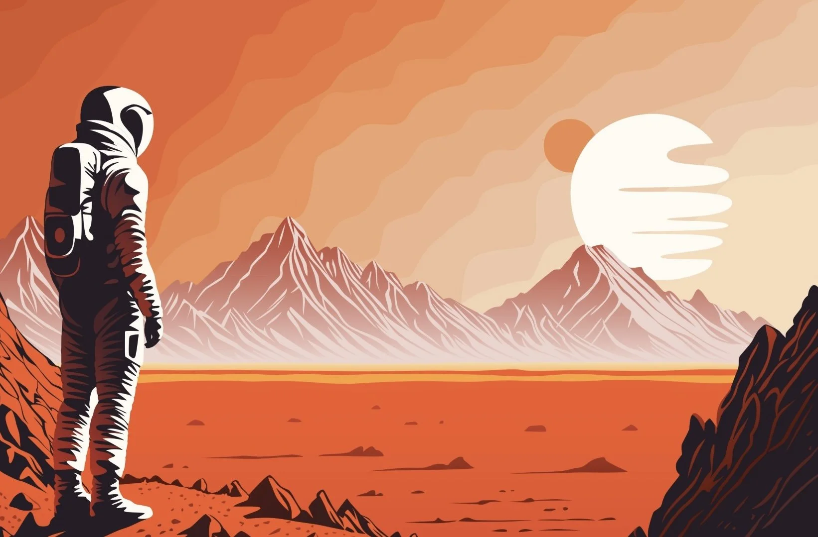 An illustration of an astronaut standing on a rocky planet surface, gazing at a mountain range with snow-capped peaks, a large sun, and a smaller celestial body in the sky. The landscape has warm orange and red tones.